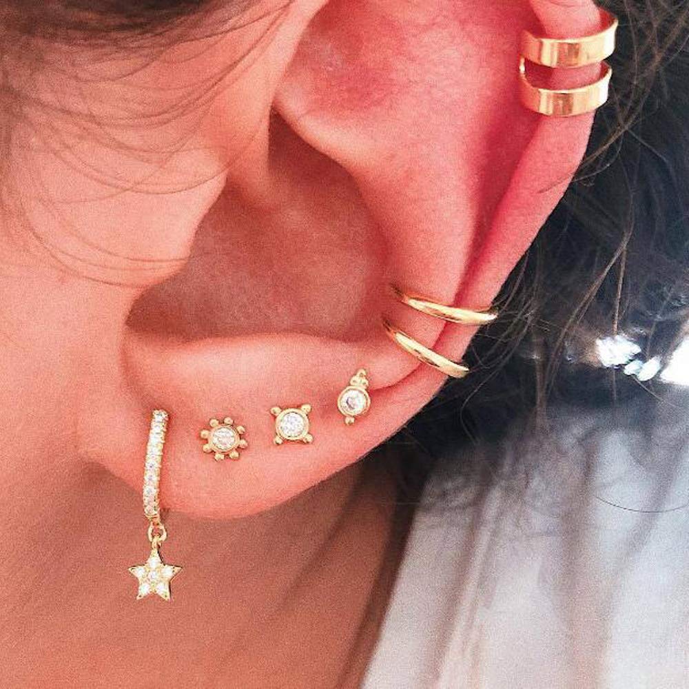 Missgrace 7-Piece Vintage Rhinestone Hoop Earrings Set - Gold Bohemian Star Stud Earrings for Women, Perfect for Parties, Date Nights & Boho Fashion Outfits