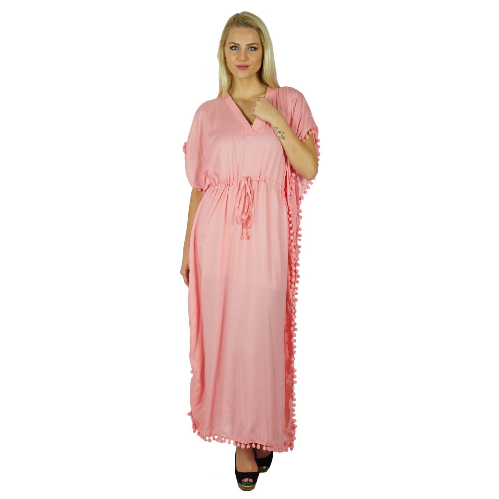 Bimba Women's Long Printed Kaftan Dress - Soft Modal Cotton Beach Cover Up, Maxi Dress for Summer, Light Pink | Perfect for Beach Vacations, Pool Parties & Boho Fashion