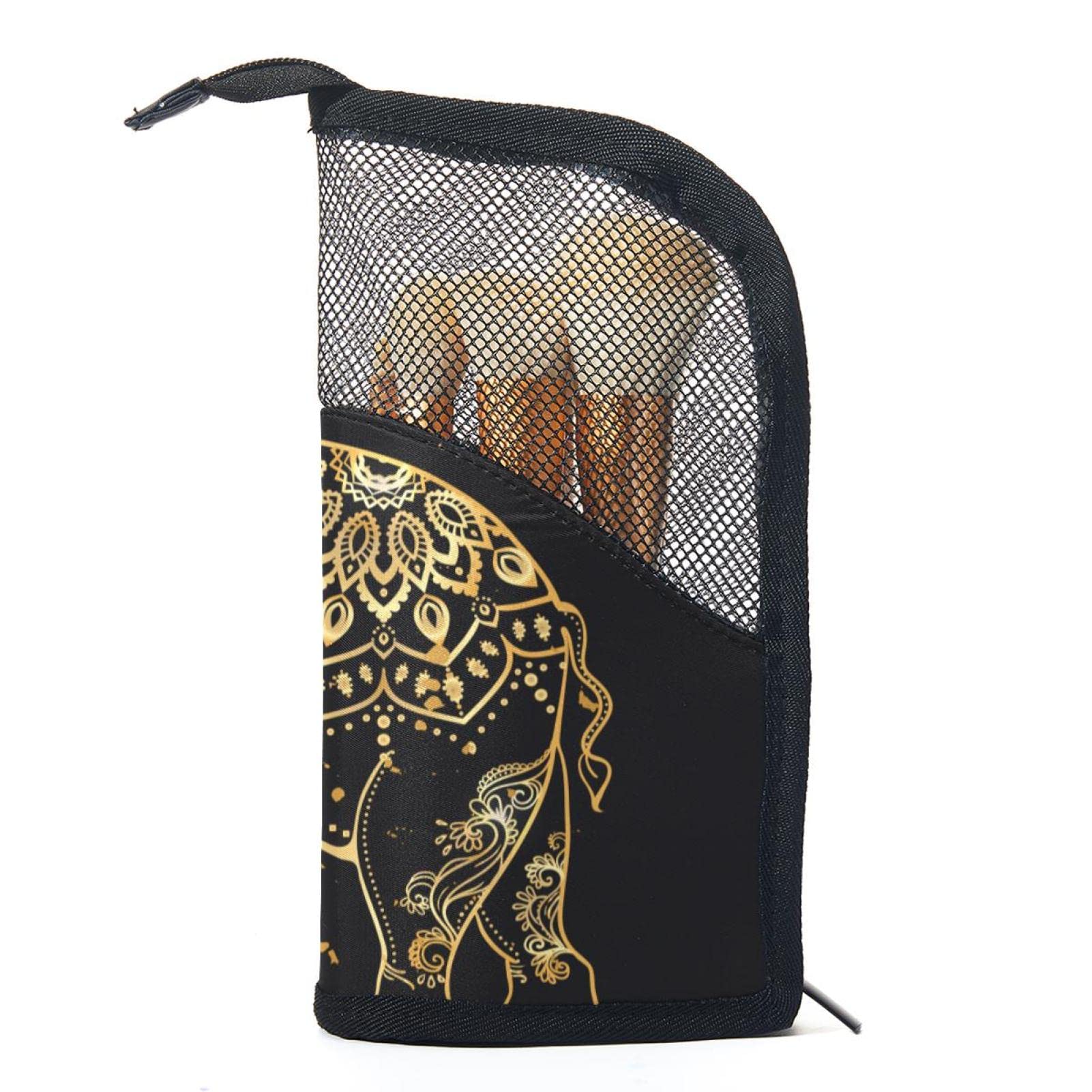 12-Piece Makeup Brush Organizer Bag with Gold Elephant Mandala Design - Portable Cosmetic Brush Holder Case for Travel & Home Storage | Perfect for Makeup Artists & Beauty Enthusiasts