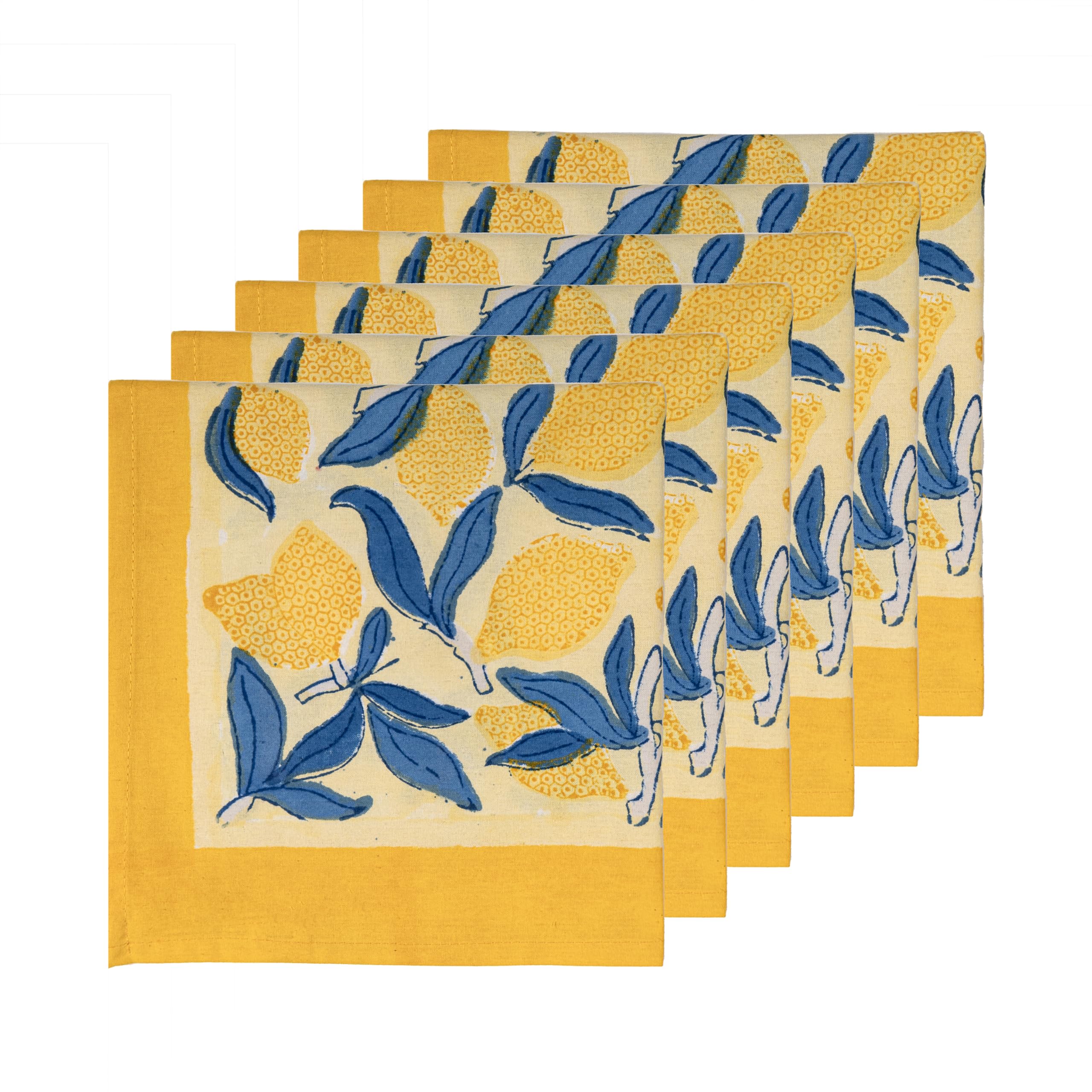 Premium Couleur Nature Napkins - Lemon Tree Design, Yellow & Blue, 19x19 Inches, Set of 6 - Perfect for Dinner Parties, Picnics & Home Decor
