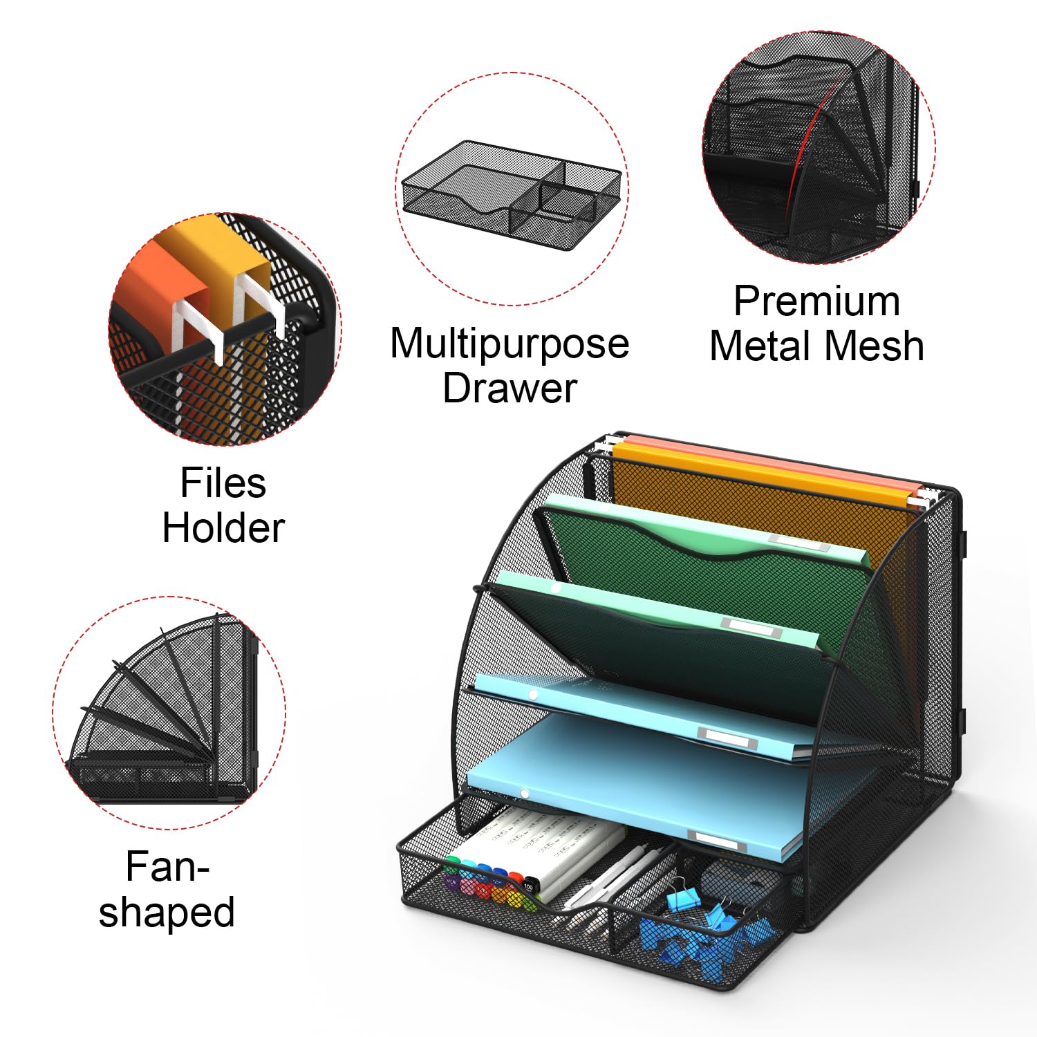 5-Tier Mesh Desk Organizer with Drawer - Fan Shaped File Holder for Office Supplies, Home & School Use - Black | Perfect for Organizing Papers, Stationery & Office Accessories on Work Desk or Study Table