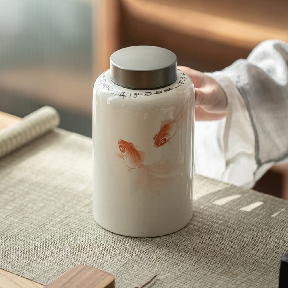 Hand-Painted Carp Ceramic Tea Pot & Storage Jar - Airtight Food Container for Tea, Coffee, Vanilla, Sugar, Spice, Nuts | Perfect for Kitchen, Pantry & Gift Giving