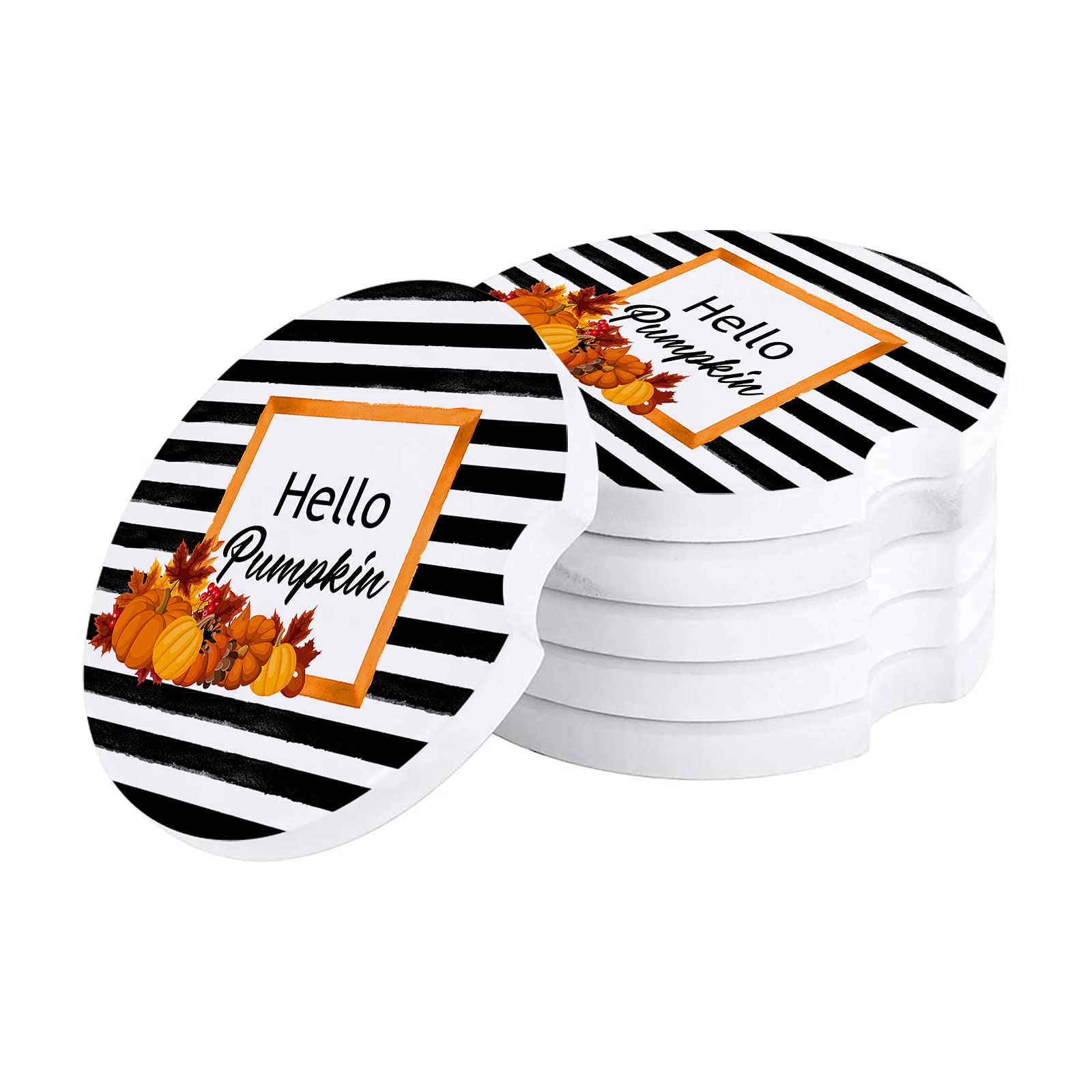 6 Pack Absorbent Ceramic Car Coasters - Fall Pumpkin Thanksgiving Theme with Black & White Stripes, Finger Notch for Easy Removal | Perfect Car Accessories for Coffee, Drinks & Spill Protection