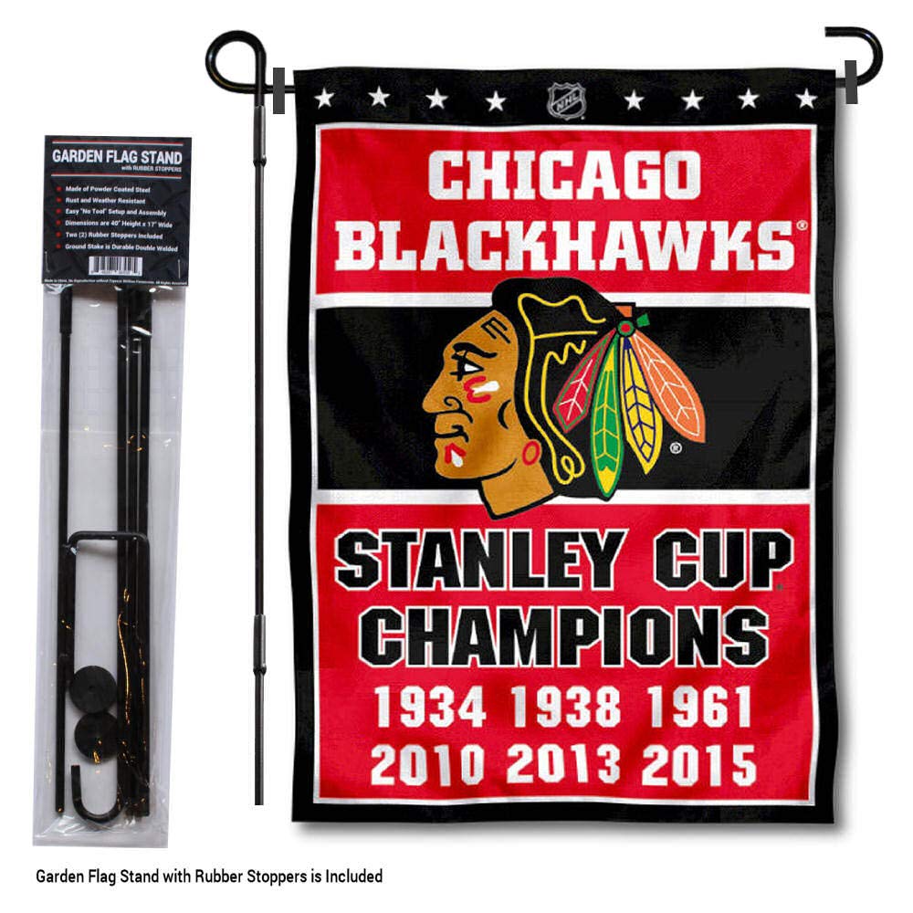 WinCraft Chicago Blackhawks 6-Time Champions Garden Flag with Pole Stand - Perfect for Sports Fan Yard Decor & Team Spirit Display