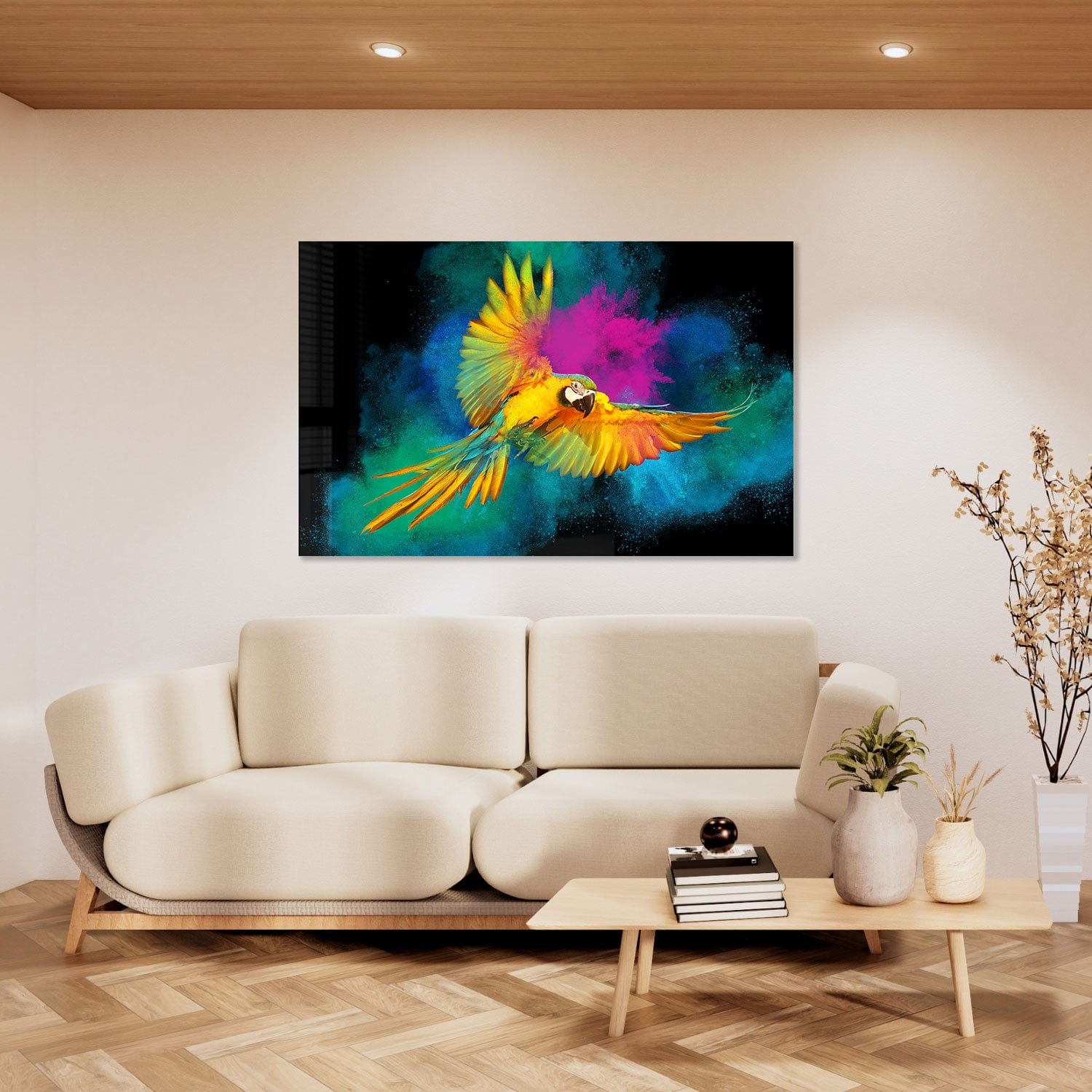 Rainbow Parrot Tempered Glass Wall Art - Vibrant Home Decor for Living Room, Bedroom & Office - Shatterproof Glass Painting for Modern Interior Design