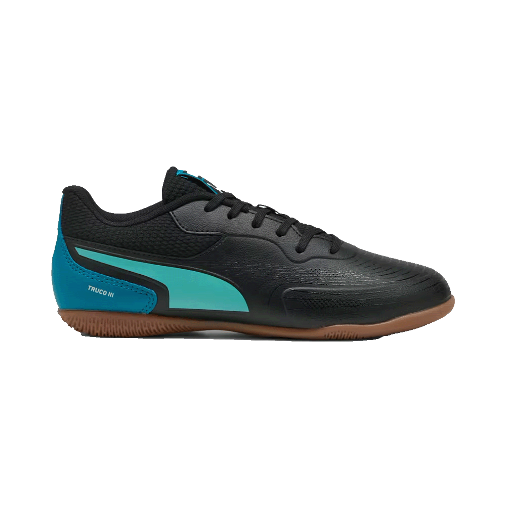 Puma Truco III Junior Indoor Soccer Shoes for Kids - Black, Aquatic, Tropical Blue, White | Perfect for Indoor Football Training & Games