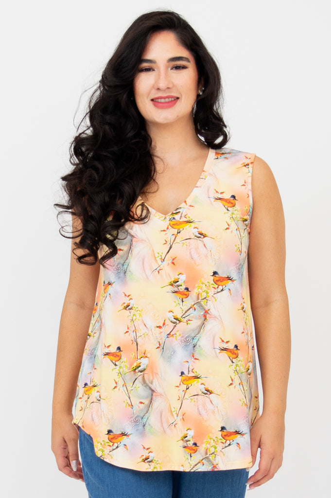 Jackie Tank Top - Songbird Print Bamboo Fabric Women's T-Shirt | Comfortable Summer Casual Wear for Outdoor Activities