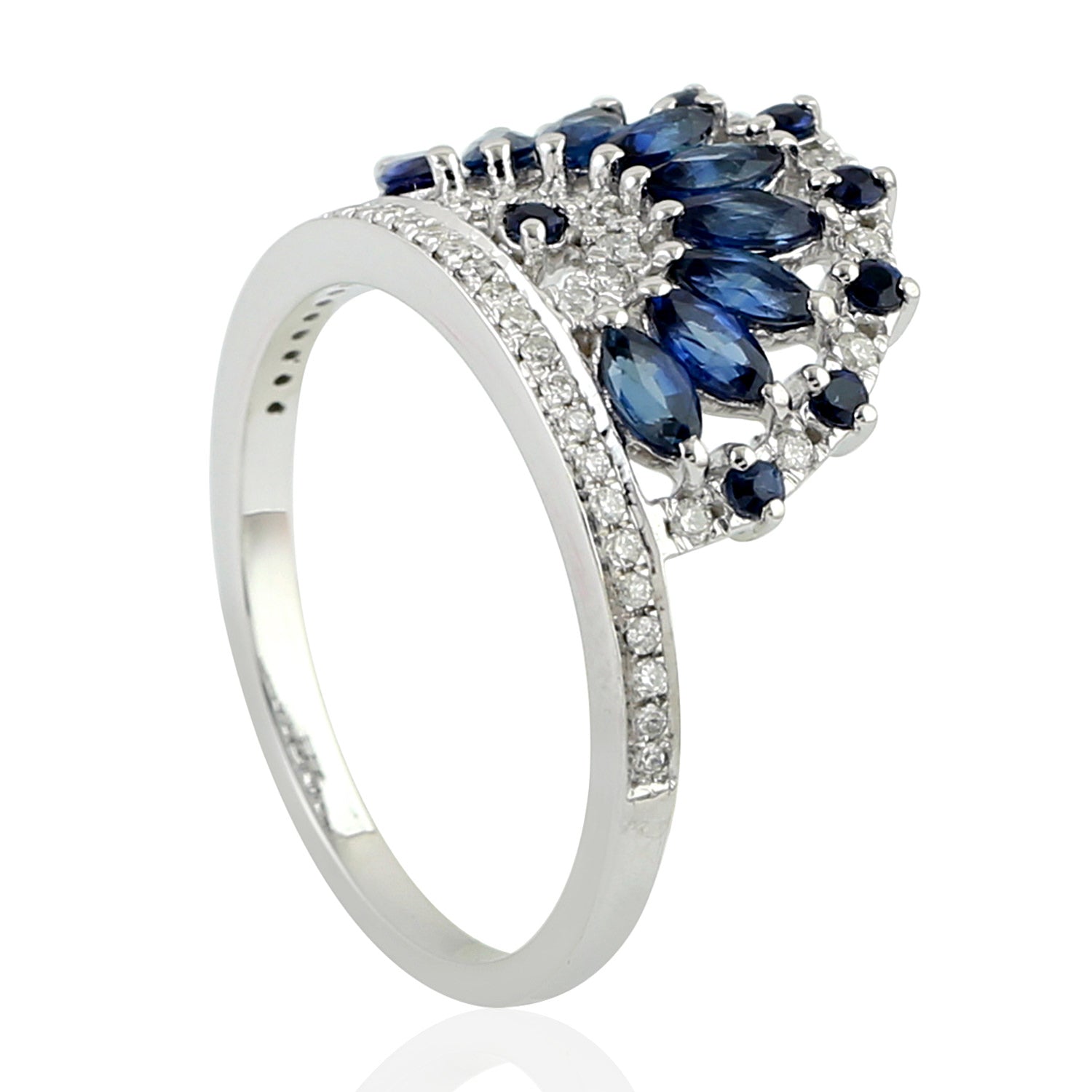 18K White Gold Marquise Cut Blue Sapphire & Diamond Tiara Ring | Elegant Bridal Jewelry for Weddings & Special Occasions