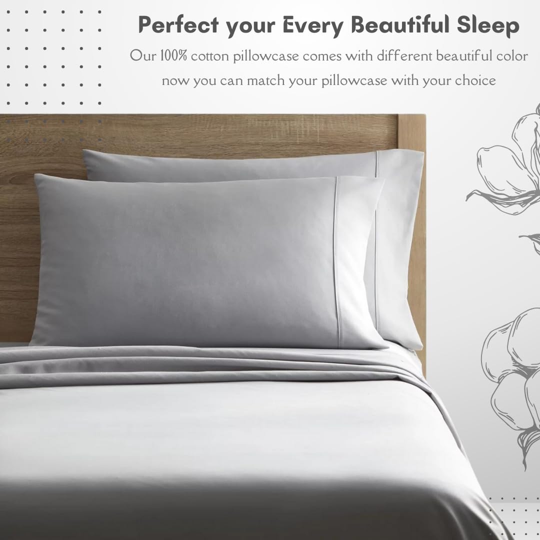Premium 100% Long Staple Combed Cotton Pillowcases - Cooling Standard Size 20x30 Inches (Set of 2) - Light Grey Solid with 4-Inch Hem - Breathable & Soft for Better Sleep - Perfect for Bedroom, Guest Room & Travel