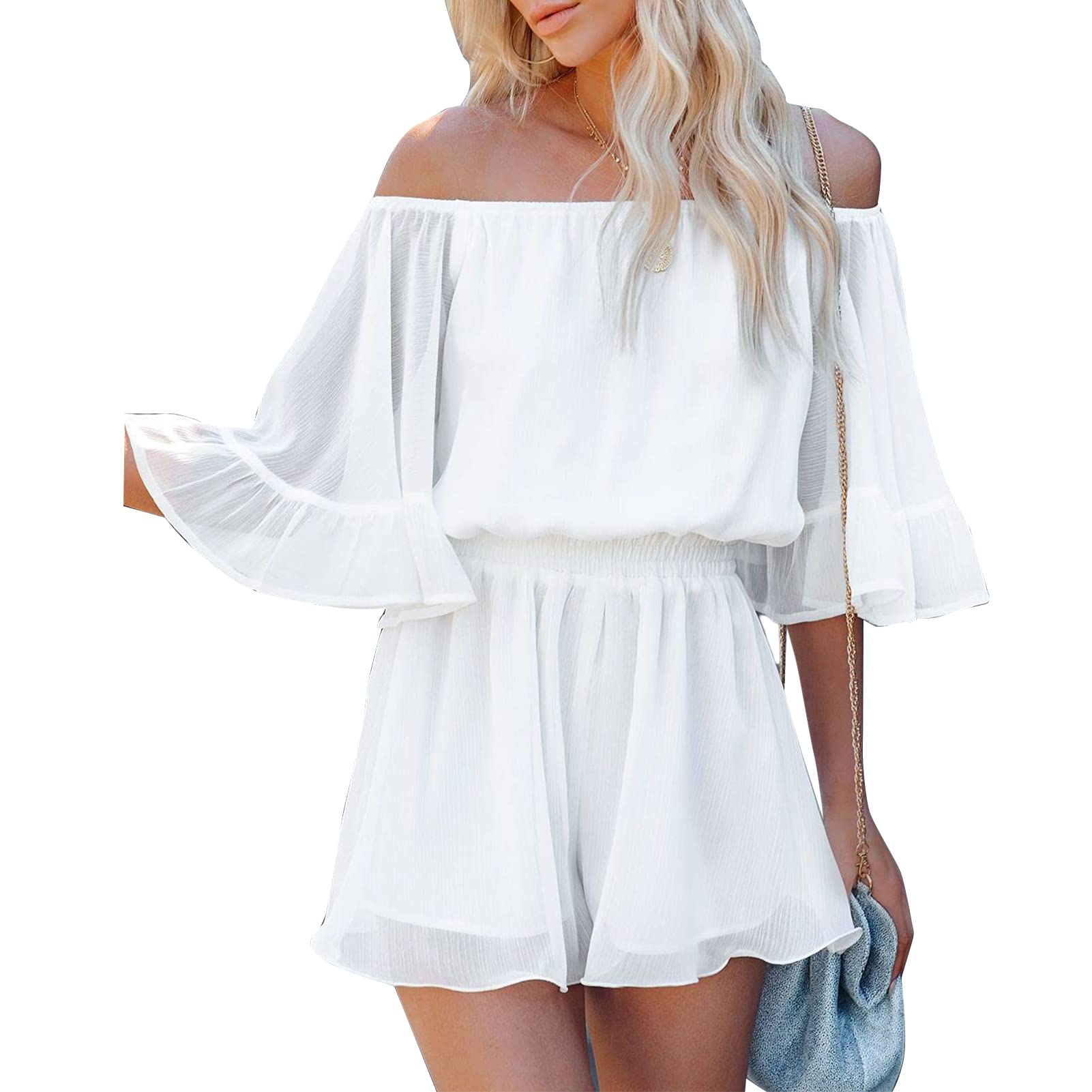 Pissente Women's Off Shoulder Chiffon Jumpsuit with Ruffle Sleeves & Elastic Waist - Elegant Summer Dress for Casual Wear, Date Night, Beach Vacation and Special Occasions