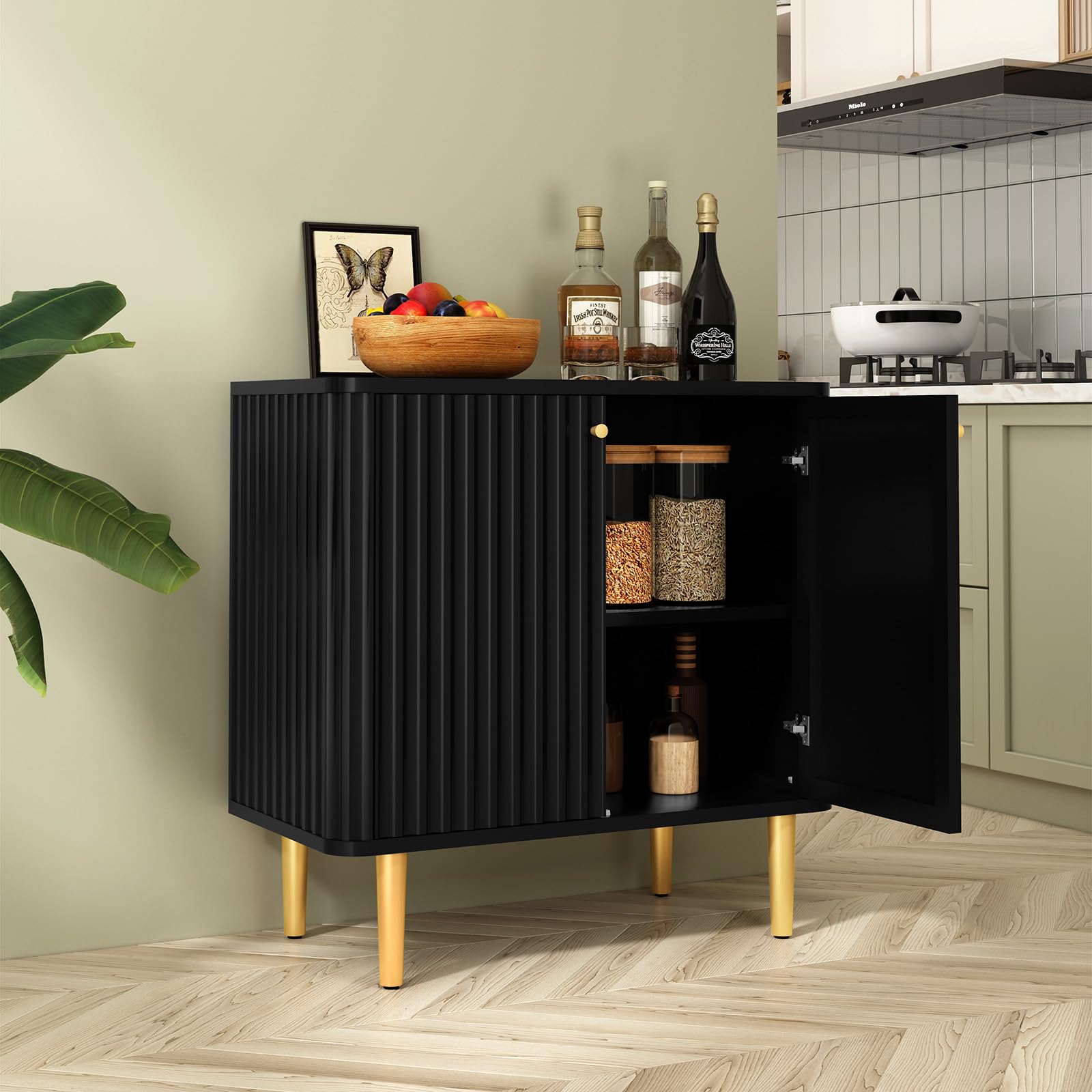 Modern HLR Sideboard Buffet Cabinet with Fluted Texture & Black Accent - 2 Door Storage Credenza for Kitchen, Living Room & Entryway - Perfect for Dining Room Storage, Home Organization & Stylish Decor
