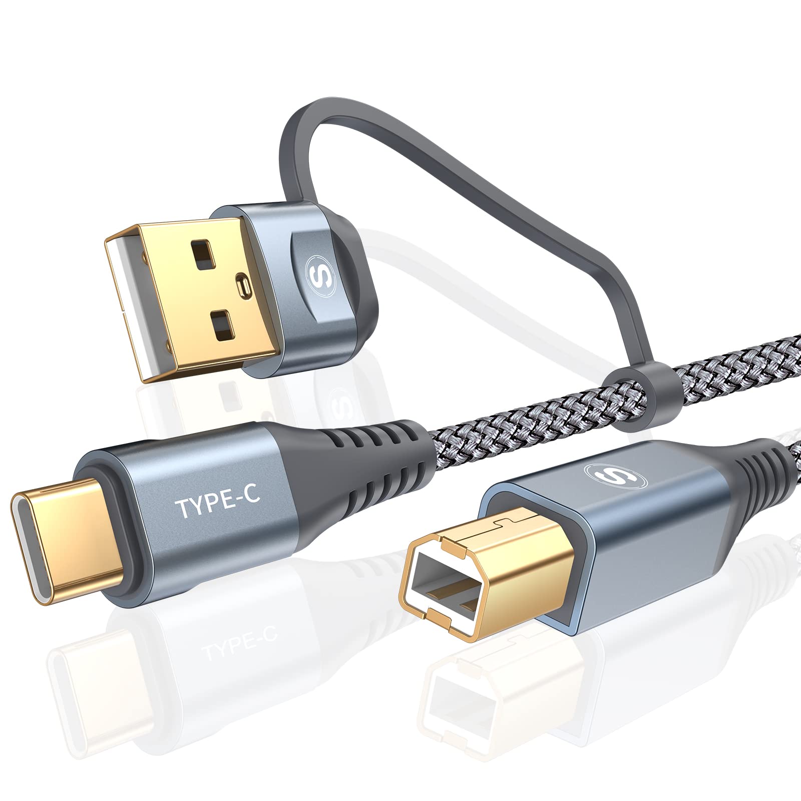 2-in-1 USB-A/C to USB-B Printer Cable 10FT - High Speed Braided USB C MIDI Cable for HP Canon Dell Epson Brother Samsung Printers, MacBook Pro/Air, Digital Pianos & MIDI Controllers - Durable Gray Cord for Home Office & Music Studio Use