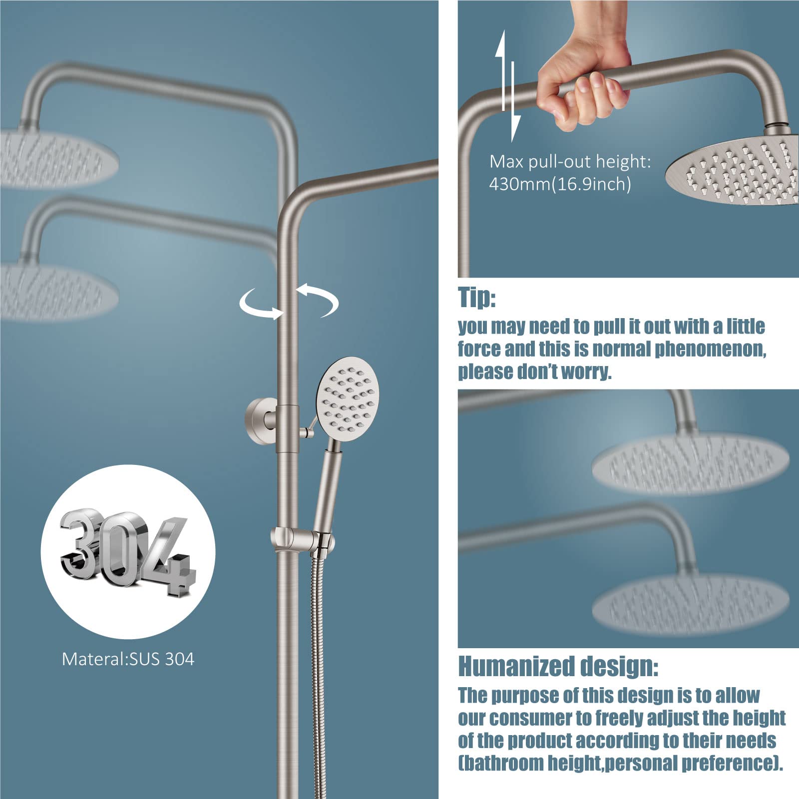 Aolemi Outdoor Shower Faucet - SUS304 Stainless Steel Triple Function Wall Mounted Shower System with 8