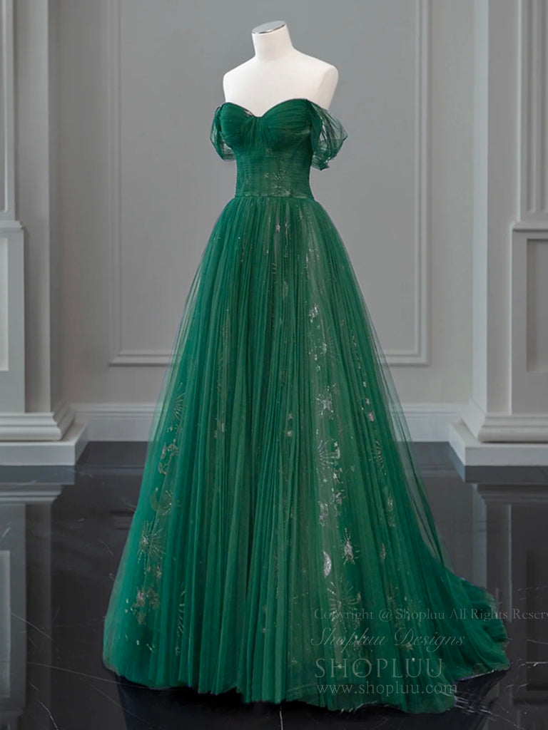 Elegant A-Line Off Shoulder Tulle Lace Green Long Prom Dress | Formal Evening Gown for Women | Perfect for Homecoming, Wedding Guest & Special Occasions
