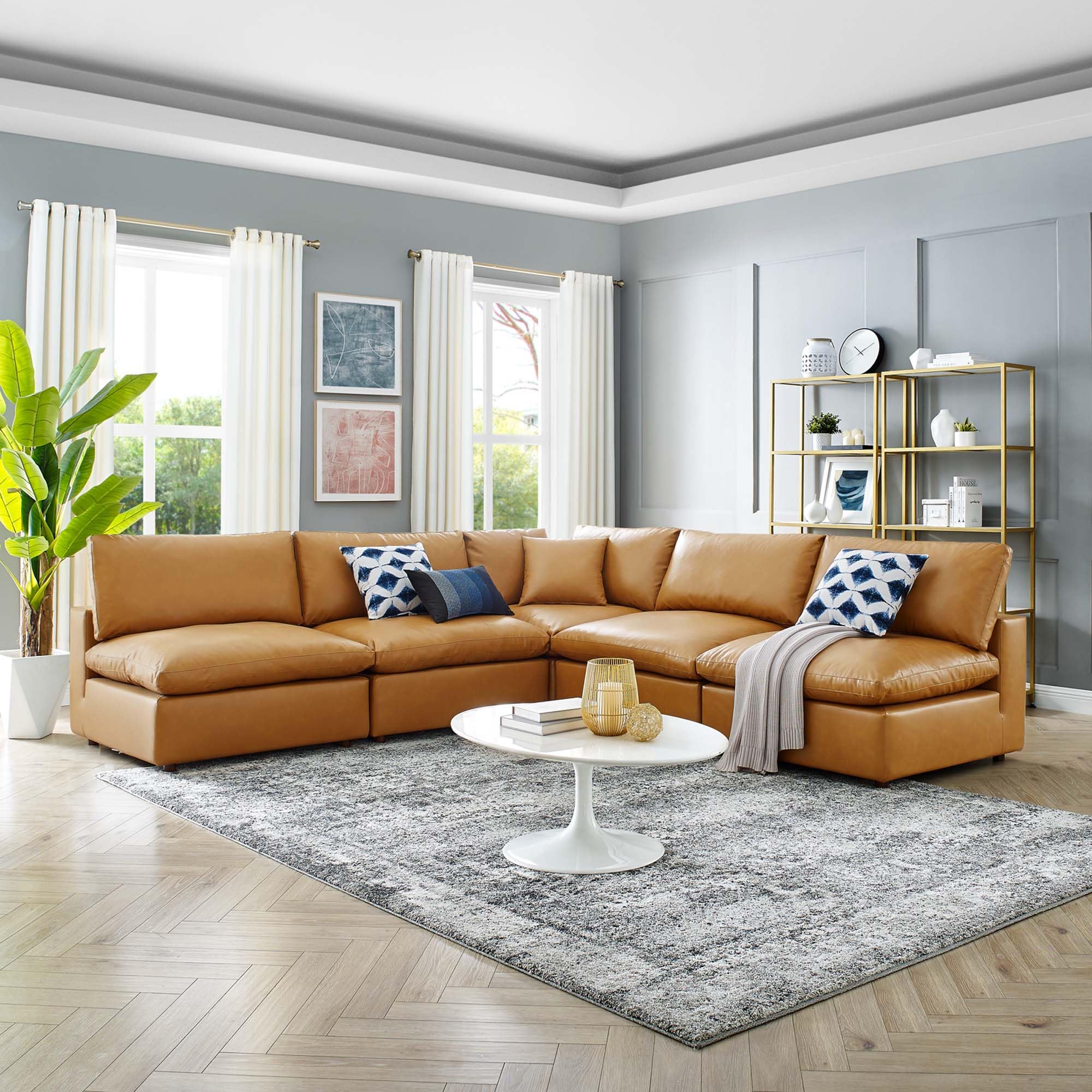 Modway Commix Modular Sofa - Armless Corner Sectional Couch in Tan Vegan Leather for Living Room, Lounge & Small Spaces