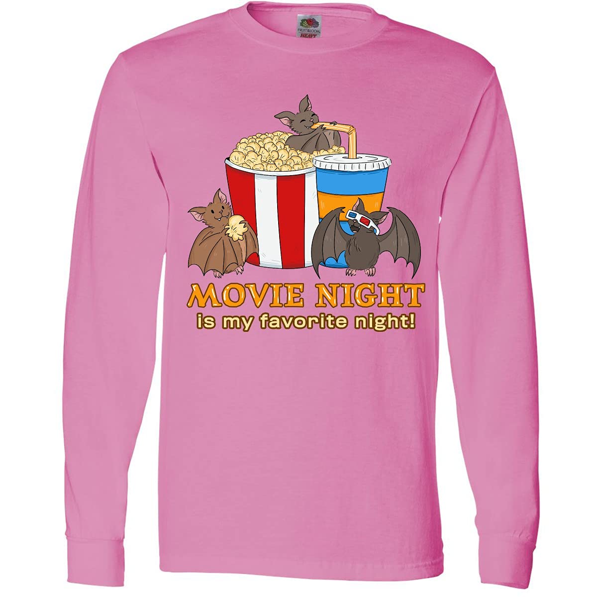 Movie Night is My Favorite Night Bats with Popcorn Long Sleeve T-Shirt | Cute Bat Design Cotton Tee for Women & Men | Perfect for Halloween, Cinema Outings & Cozy Nights