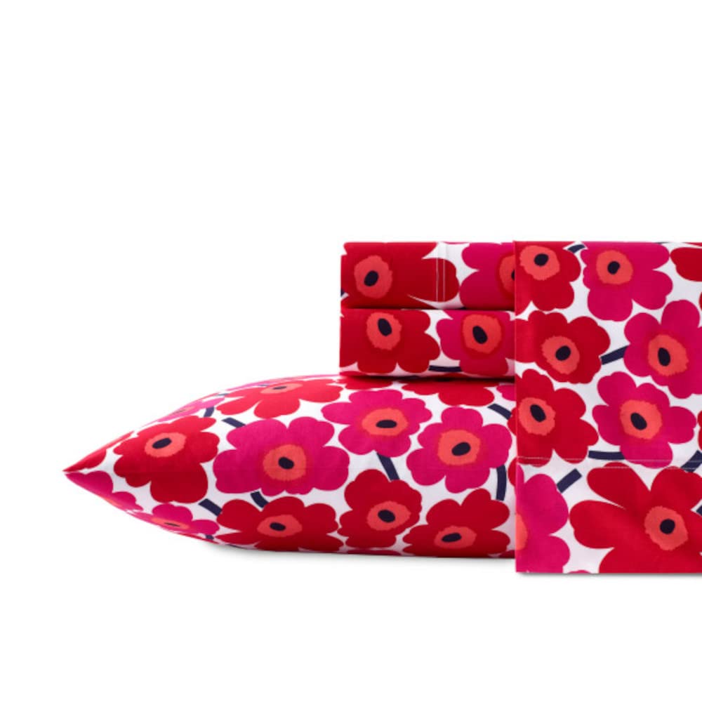 MARIMEKKO Queen Sheets - 100% Cotton Percale Bedding Set | Crisp & Cool Luxury Bed Linens | Unikko Floral Pattern | Perfect for Master Bedroom & Guest Room Decor