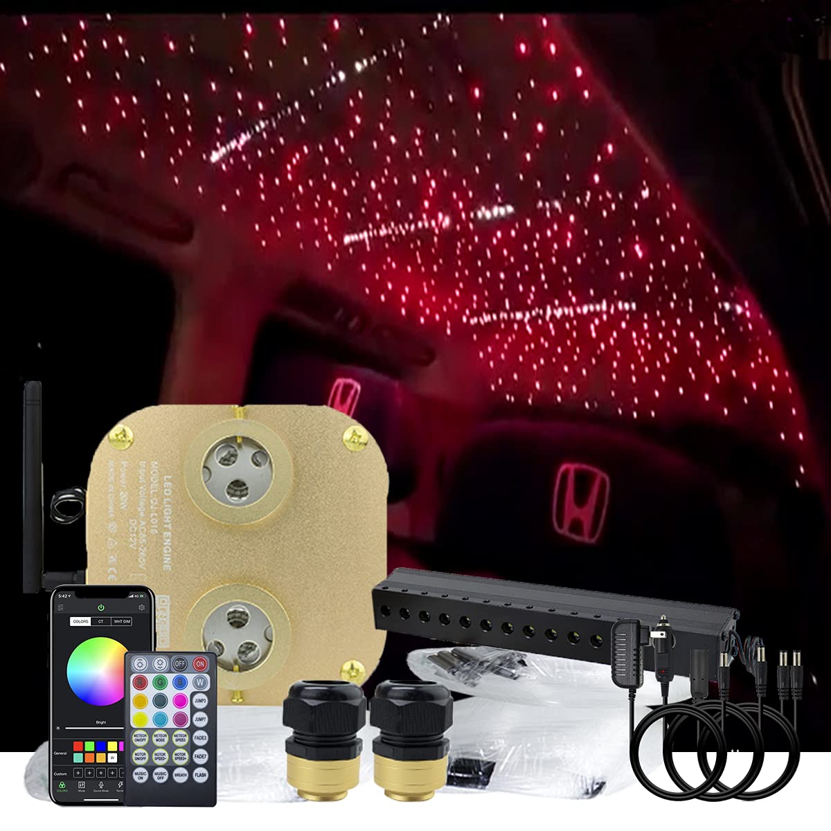 AKEPO 20W RGBW Fiber Optic Star Ceiling Light Kit with Dual Head, Twinkle & Shooting Star Effects, APP & Music Control - 710pcs 4m/13.1ft Mixed Optical Fiber & Meteor Lights (Remote Included) - Perfect for Bedroom, Home Theater, and Party Decorations