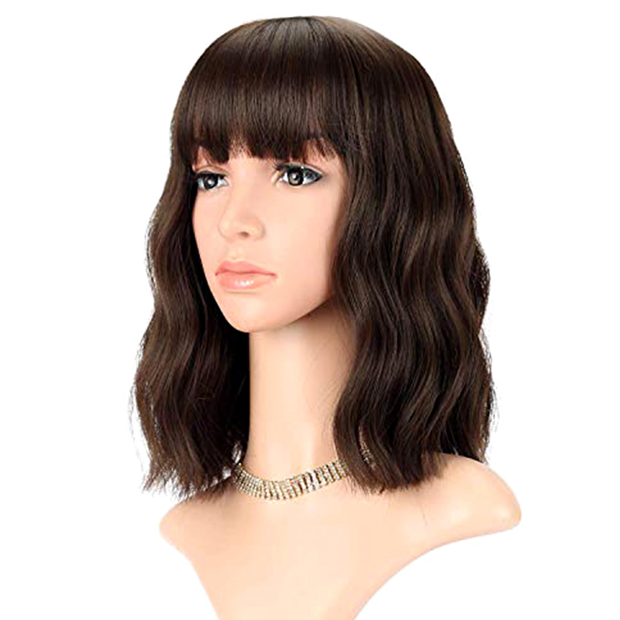 FAELBATY Short Brown Wigs with Bangs - Shoulder Length Synthetic Curly Wavy Wig for Women & Girls - Natural Black Dark Brown Mix (12