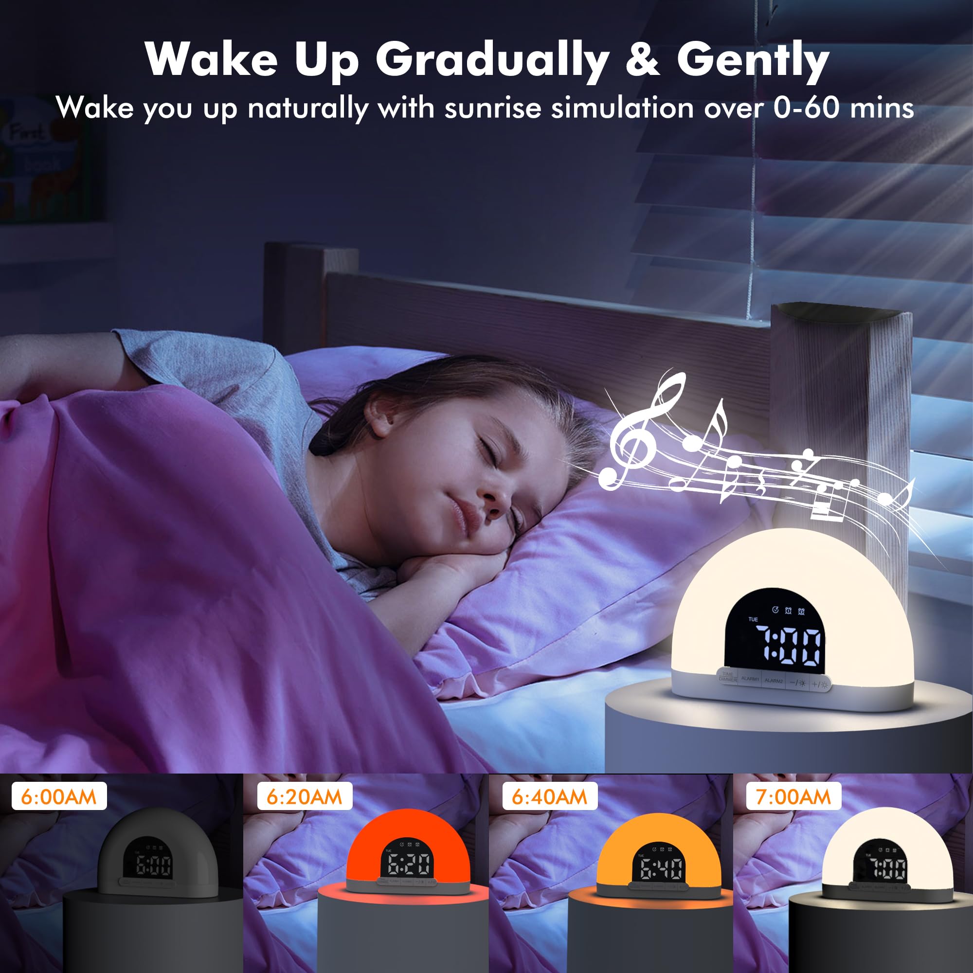 Sunrise Alarm Clock with Sunrise Simulation & Dual Alarms - Wake Up Light for Kids, Adults & Heavy Sleepers - 7 Natural Sounds, 7-5-2 Modes, Snooze & Night Light - Perfect for Bedroom, Home Office & Travel - Ideal Gift for Christmas, Birthday & Housewarming