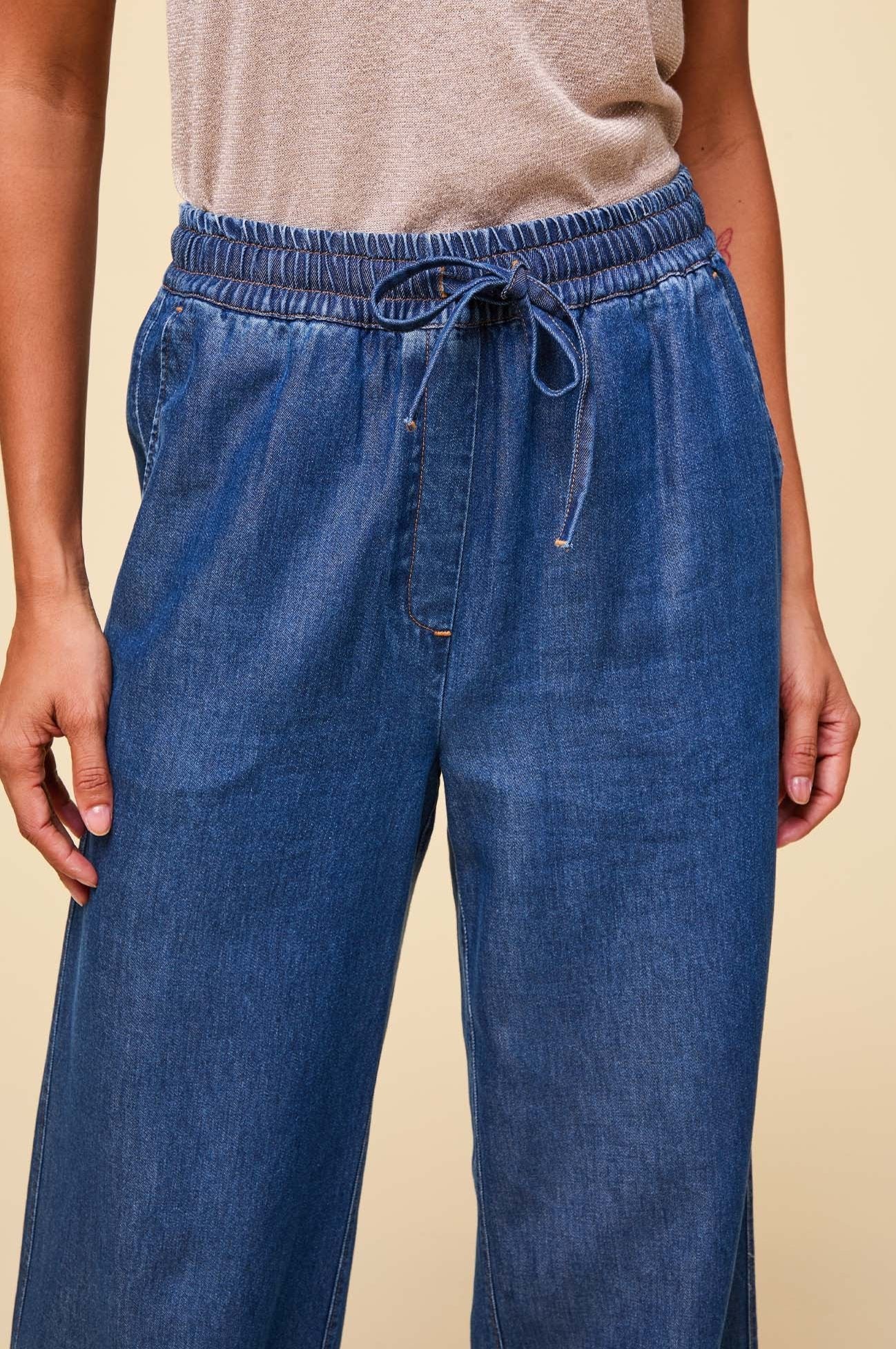 Juliana Drawstring Trouser Pants for Women - Comfortable Chambray Blue Casual Pants | Perfect for Work, Travel and Everyday Wear