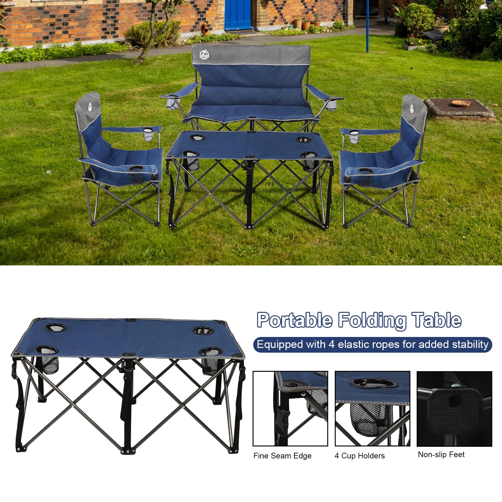 4-Piece Folding Camping Chair Set - Portable Collapsible Outdoor Furniture with 1 Loveseat, 2 Single Chairs & Side Table - Perfect for Patio, Backyard, Beach, Picnics & Camping Trips (Blue)
