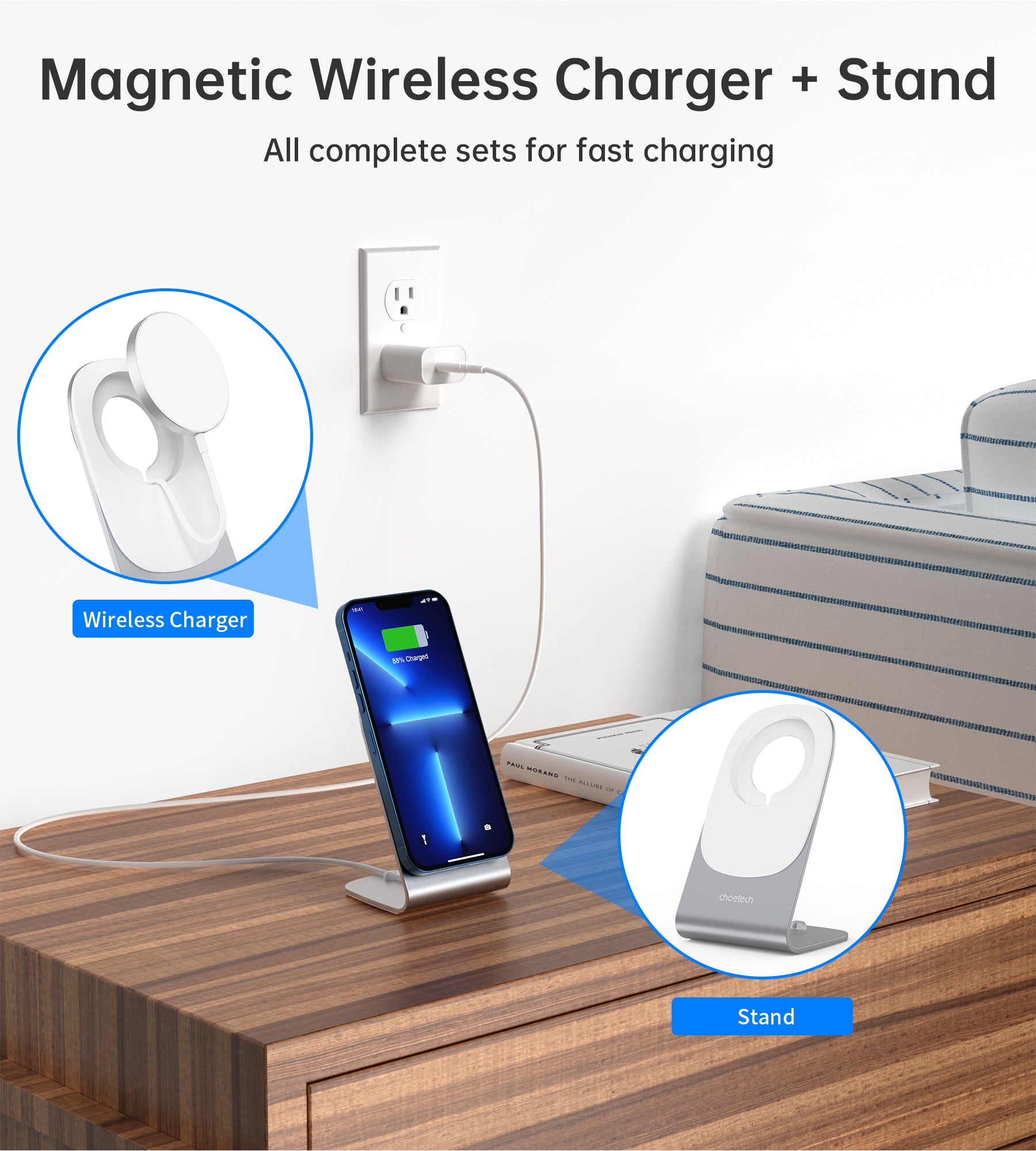 Magnetic Wireless Charger Stand for iPhone - Fast MagSafe Charging Pad with 5ft Cable | Perfect for Home, Office & Nightstand Use