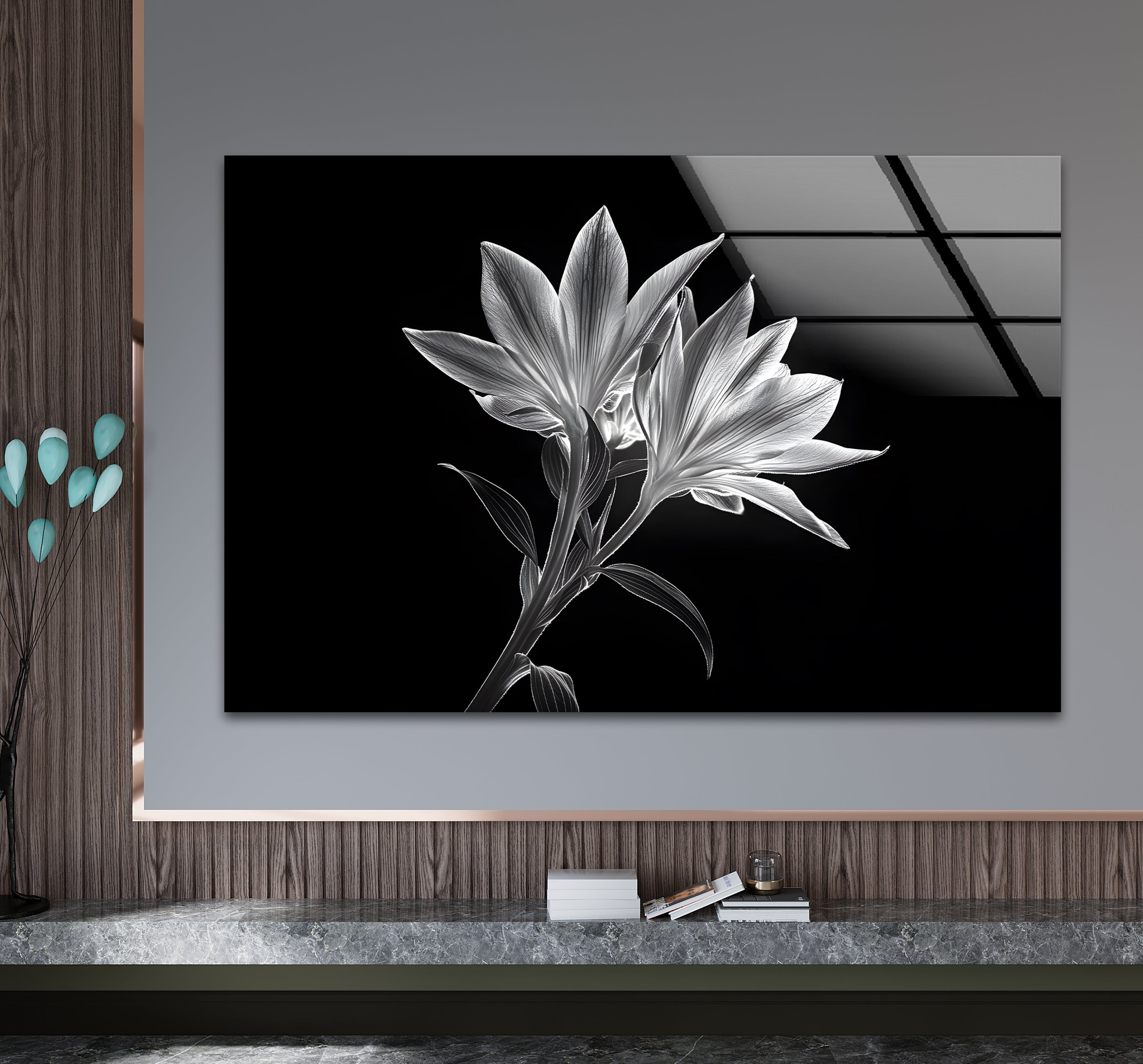 Black and White Xray Lilies Glass Wall Art - Elegant Floral Decor for Living Room, Bedroom, or Office - Perfect for Home and Office Decor