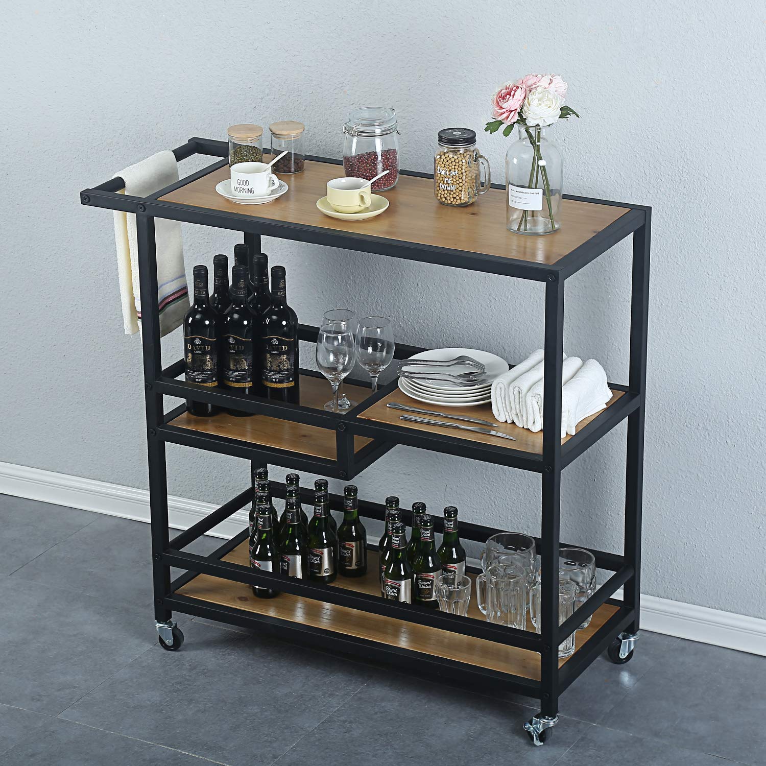 3-Tier Rolling Bar Cart with Wheels - Industrial Modern Rustic Wood & Metal Kitchen Serving Cart for Coffee, Wine & Storage - Black | Perfect for Home Bars, Dining Rooms & Entertaining Spaces