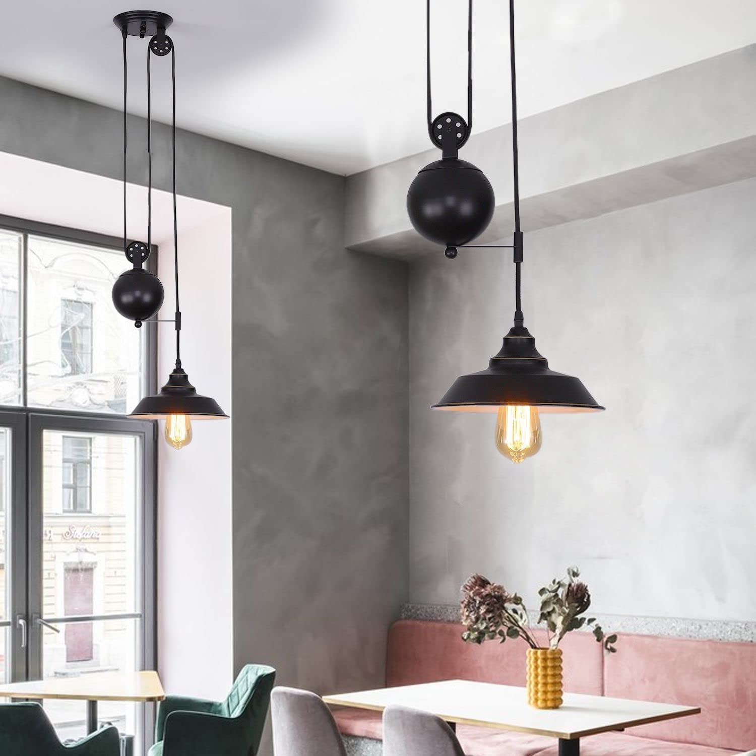 HomeLava 9-inch Black Industrial Pendant Light - Oil Rubbed Bronze Ceiling Fixture with Pulley for Kitchen, Dining Room & Over Sink | Modern Hanging Chandelier Lighting for Farmhouse & Industrial Decor