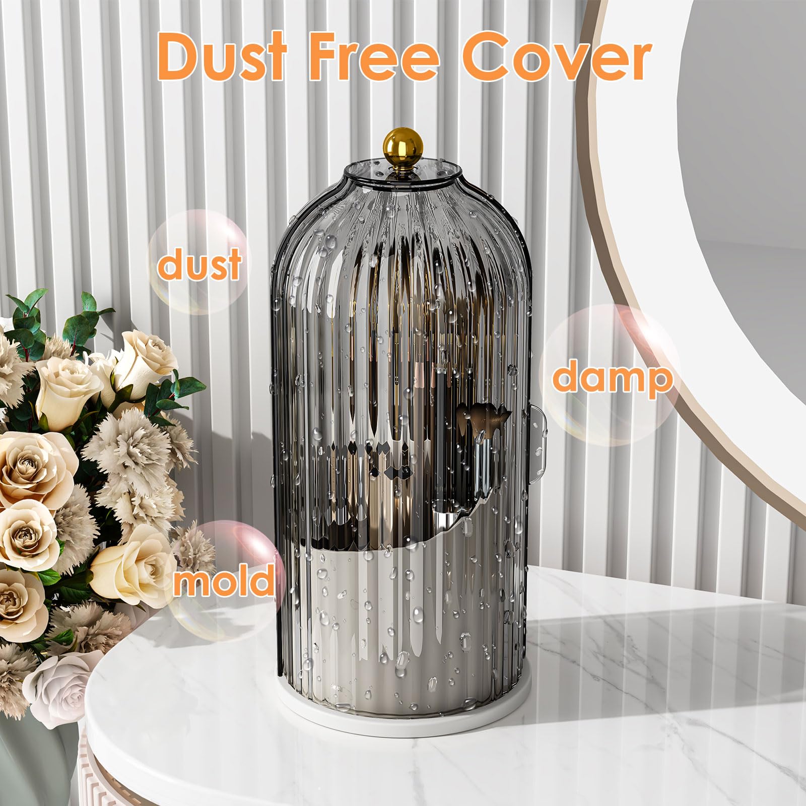 360° Rotating Clear Makeup Brush Holder with Lid - Dustproof Vanity Organizer for Bathroom Countertop & Makeup Table (Gray) | Perfect for Travel, Home & Salon Use