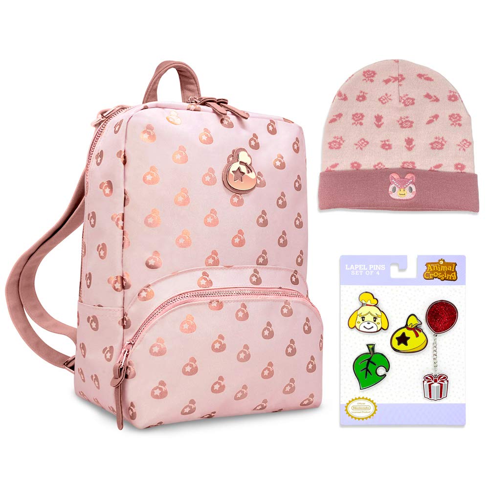 Official Nintendo Animal Crossing Collectors Set - Rose Gold Island Mini Backpack Switch Case, Celeste Floral Knit Beanie & Lapel Pins for Nintendo Switch | Perfect for Gaming, Cosplay & Collectors