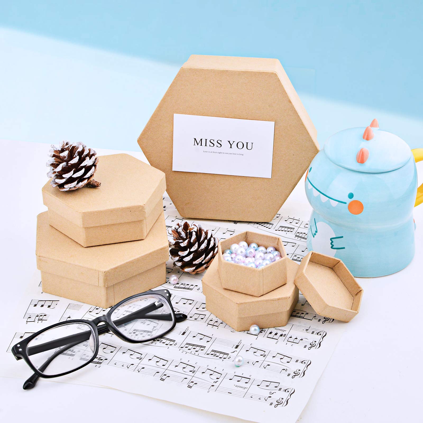 WANDIC Set of 5 Hexagonal Kraft Paper Mache Boxes with Lids - Perfect for Jewelry Storage, DIY Crafts, Cosmetic Organizers & Gift Packaging | Home Decor & Party Favors