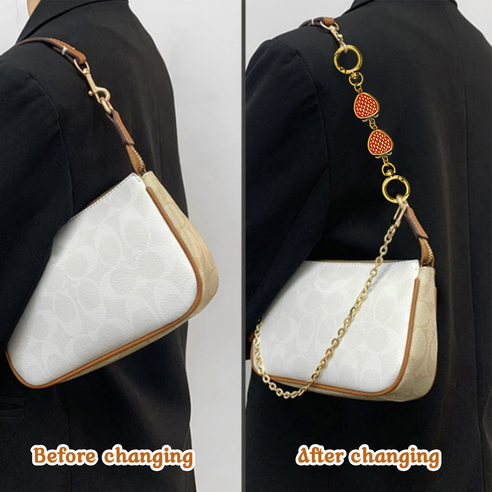2 Pcs Gold Strawberry Pattern Purse Extender Chains for Women - Adjustable Bag Strap Extenders for Crossbody Bags, Replacement Metal Chains for Handbags & Shoulder Bags - Perfect for Travel, Shopping & Everyday Use