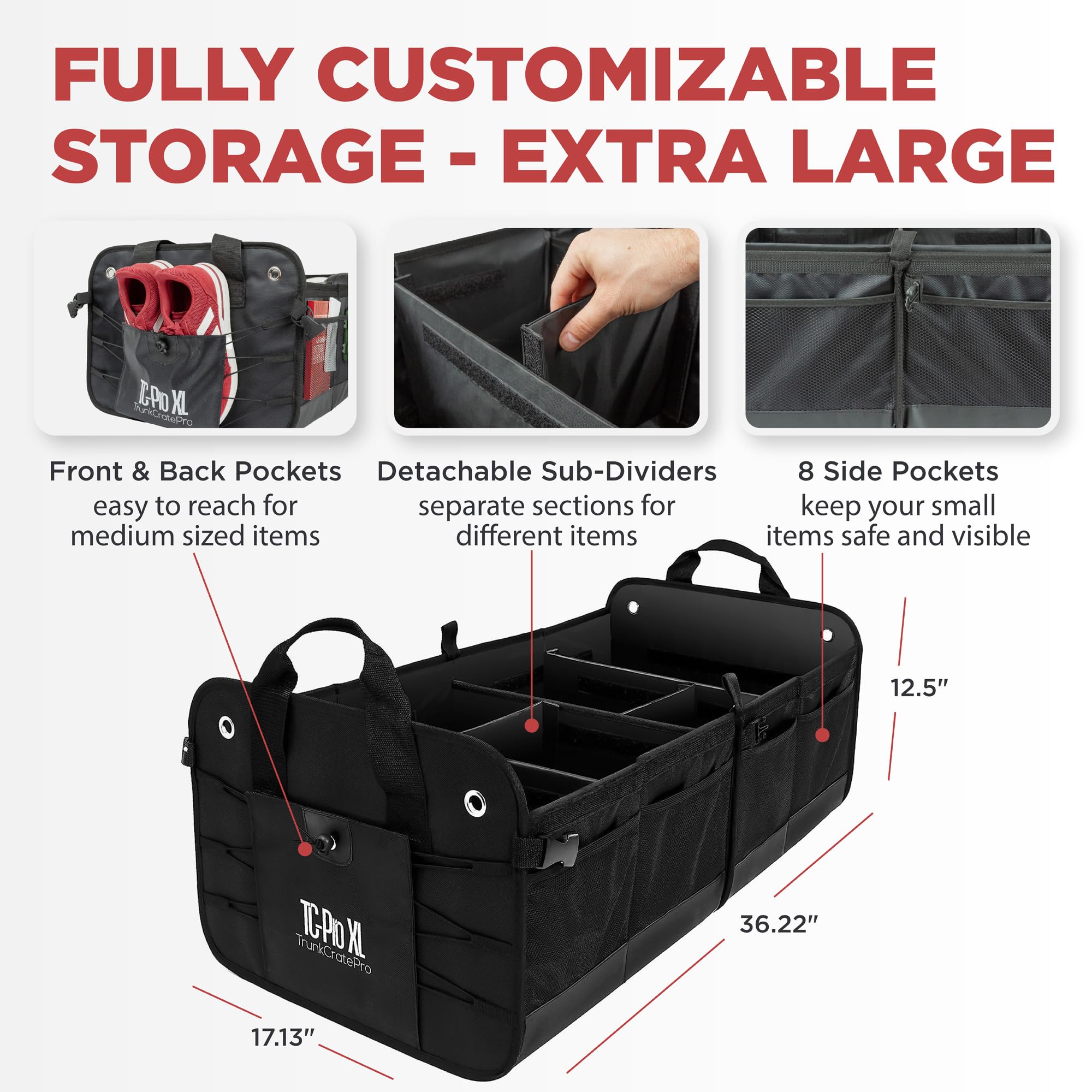 TRUNKCRATEPRO XL Premium SUV, Truck, Car Trunk Organizer with Expandable Compartments - Lightweight Foldable Cargo Storage Organizer for Travel, Camping & Road Trips