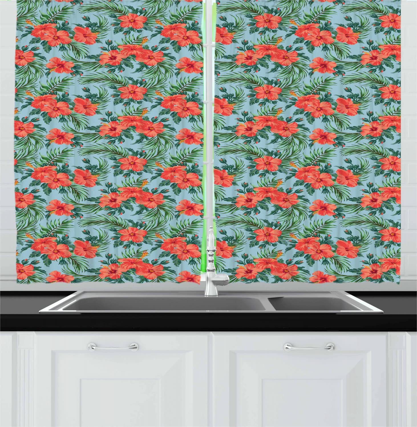 Ambesonne Luau Long Kitchen Curtains - Exotic Summer Bouquet Hibiscus Design with Aloha Botanical Print, 2 Panel Drapes with Rod Pocket for Windows (55