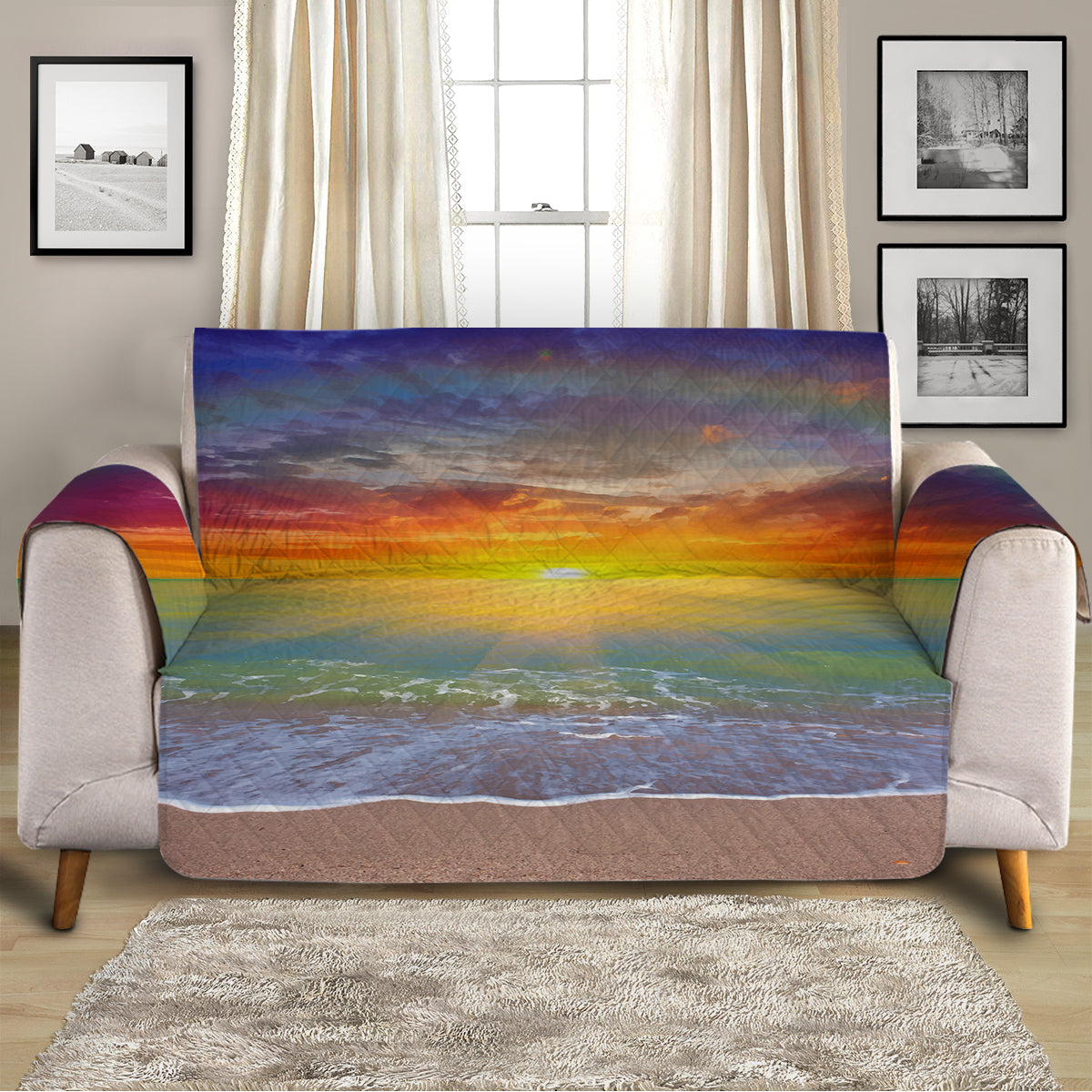 Stylish Beach Sunset Print Sofa Cover - Waterproof & Stretchable Couch Slipcover for Living Room, Outdoor Patio Furniture Protection - Perfect for Home Decor, Parties, and Coastal Themed Spaces
