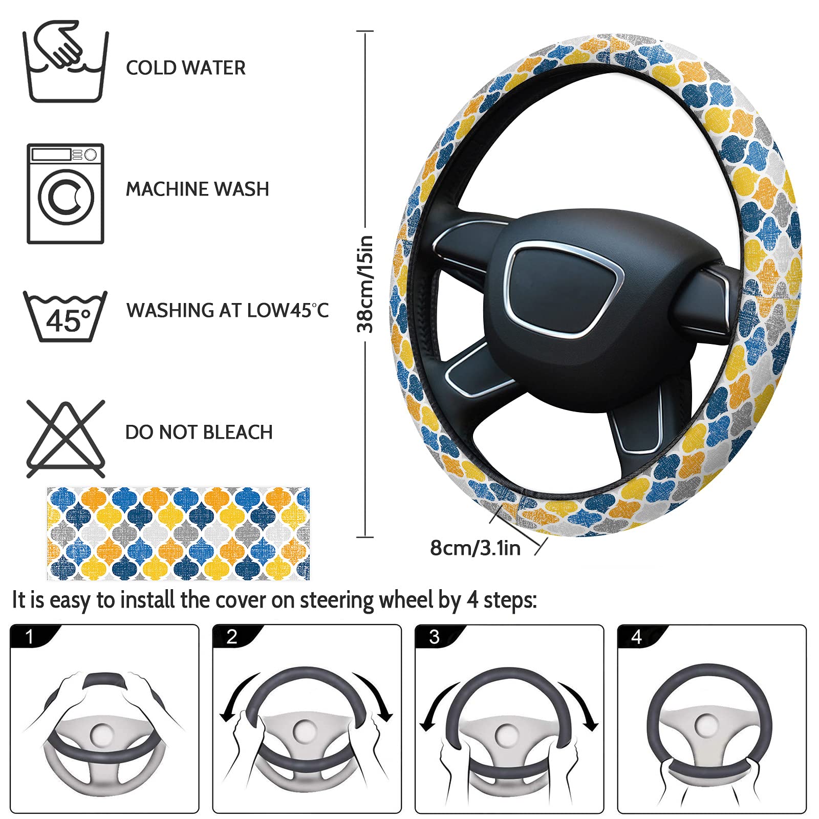Geometric Moroccan Pattern Universal Steering Wheel Cover for Women & Men - 15 Inch Custom Car Accessory in Gradient Blue, Yellow, Gray - Perfect for Cars & Trucks | Enhances Grip & Protects Wheel from Wear | Great for Daily Commutes & Road Trips