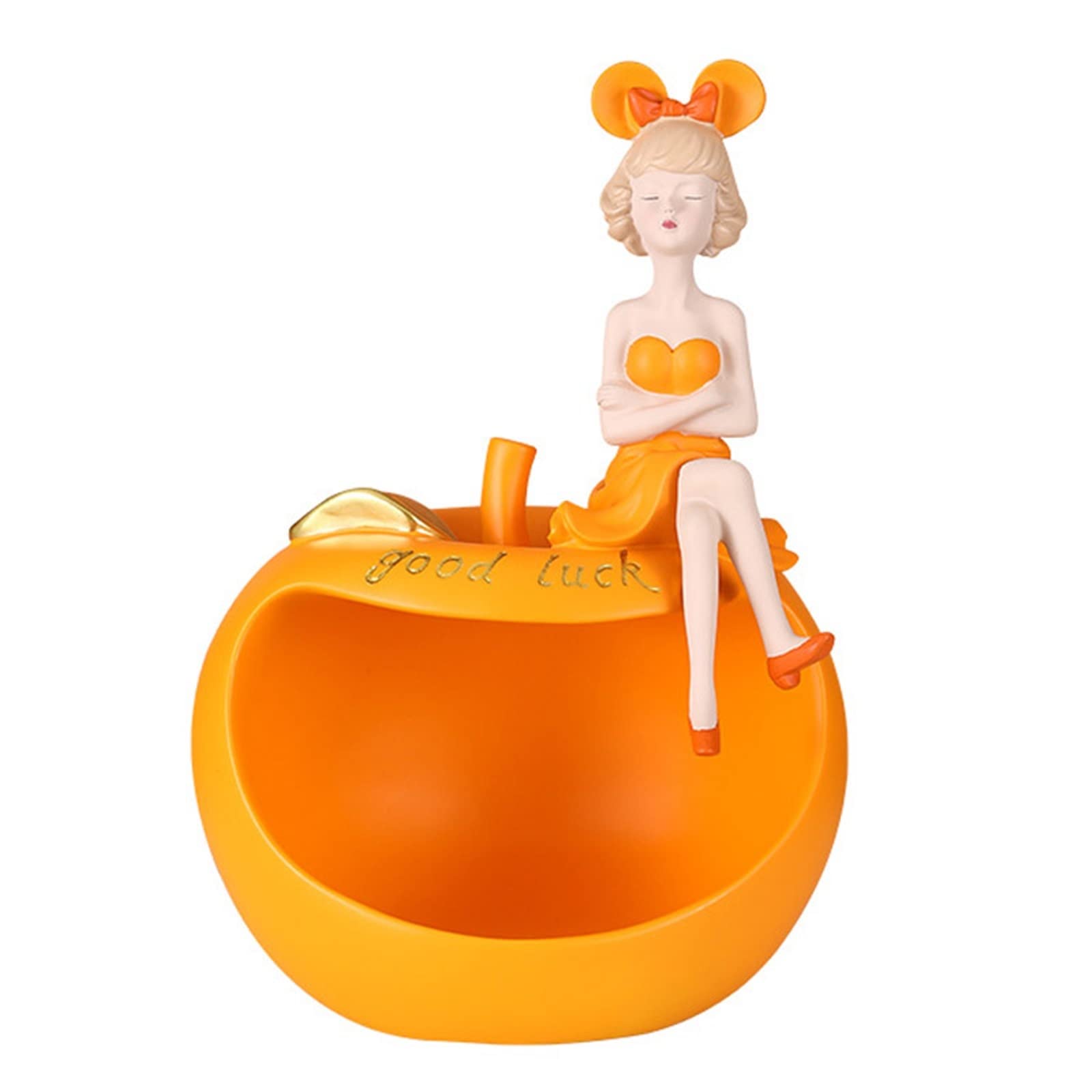 Cute Resin Girl Sculpture - Decorative Storage Tray, Figurine Coin Bank & Key Holder | Modern Art Statue for Home, Desk, or Entryway | Perfect for Organizing Snacks, Jewelry & Small Items (Orange)