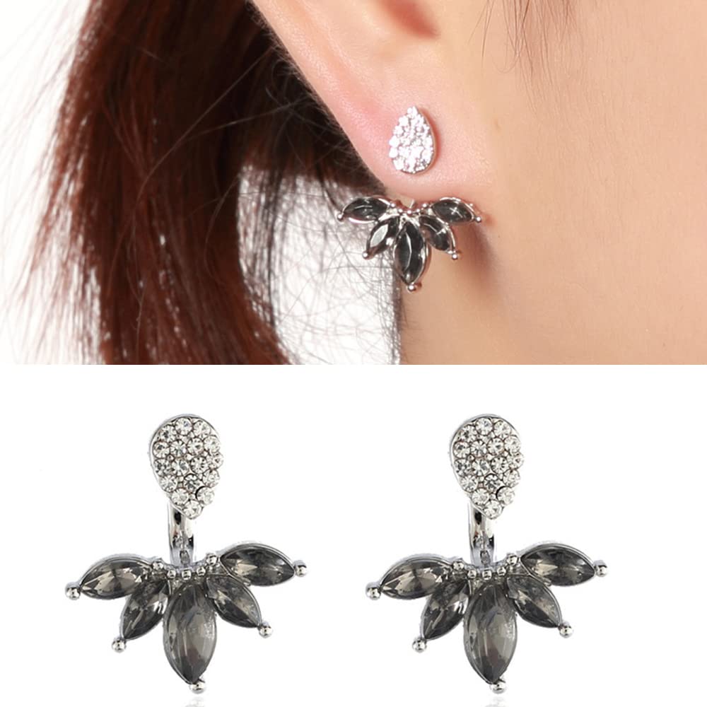 Jumwrit Silver Leaf Feather Ear Jacket with Rhinestone Teardrop Studs - Front & Back Cuff Earrings Set for Women | Elegant Jewelry for Parties, Weddings & Everyday Wear