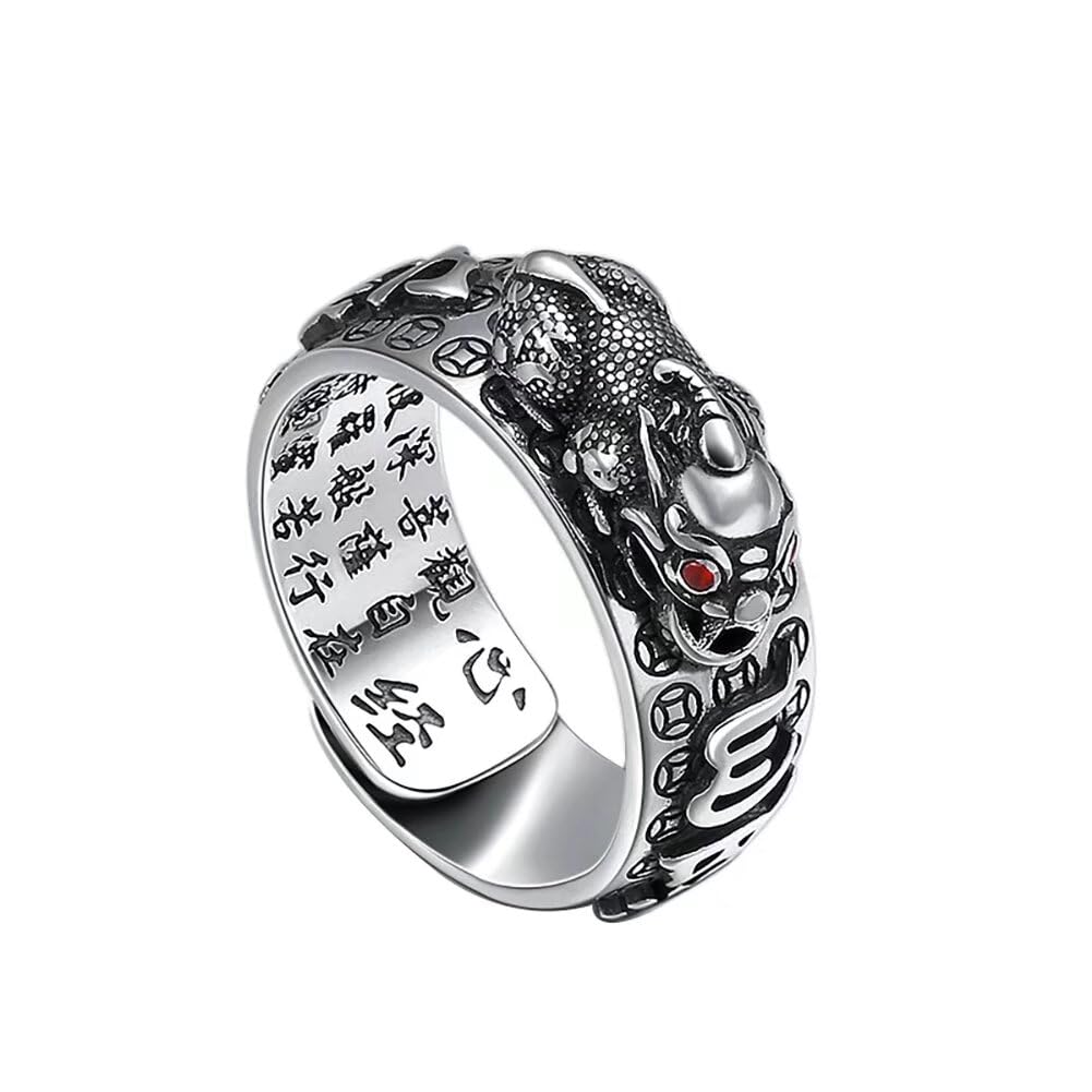 JUNTEN Feng Shui Pixiu Adjustable Ring for Men & Women - Tibetan Buddhist Wealth Lucky Charm Sterling Silver Open Ring - Perfect for Meditation, Gifts & Spiritual Protection
