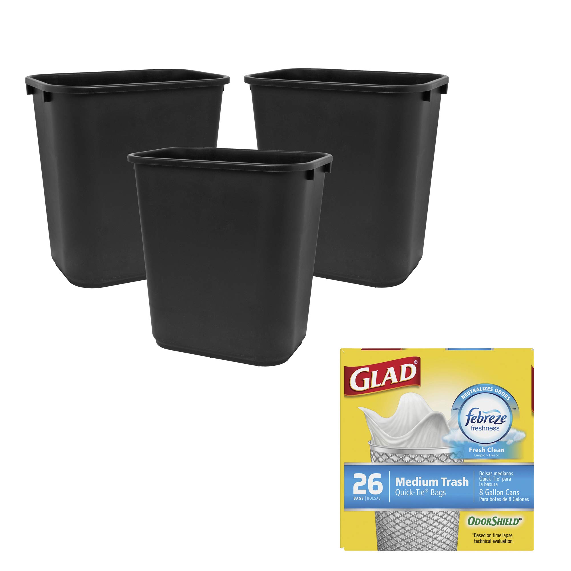 7-Gallon Plastic Trash Can with Curved Rim - Black Waste Bin for Kitchen, Bathroom, Bedroom & Office | Includes 3 Trash Bags | Perfect for Home, Dorm & Small Spaces Waste Disposal