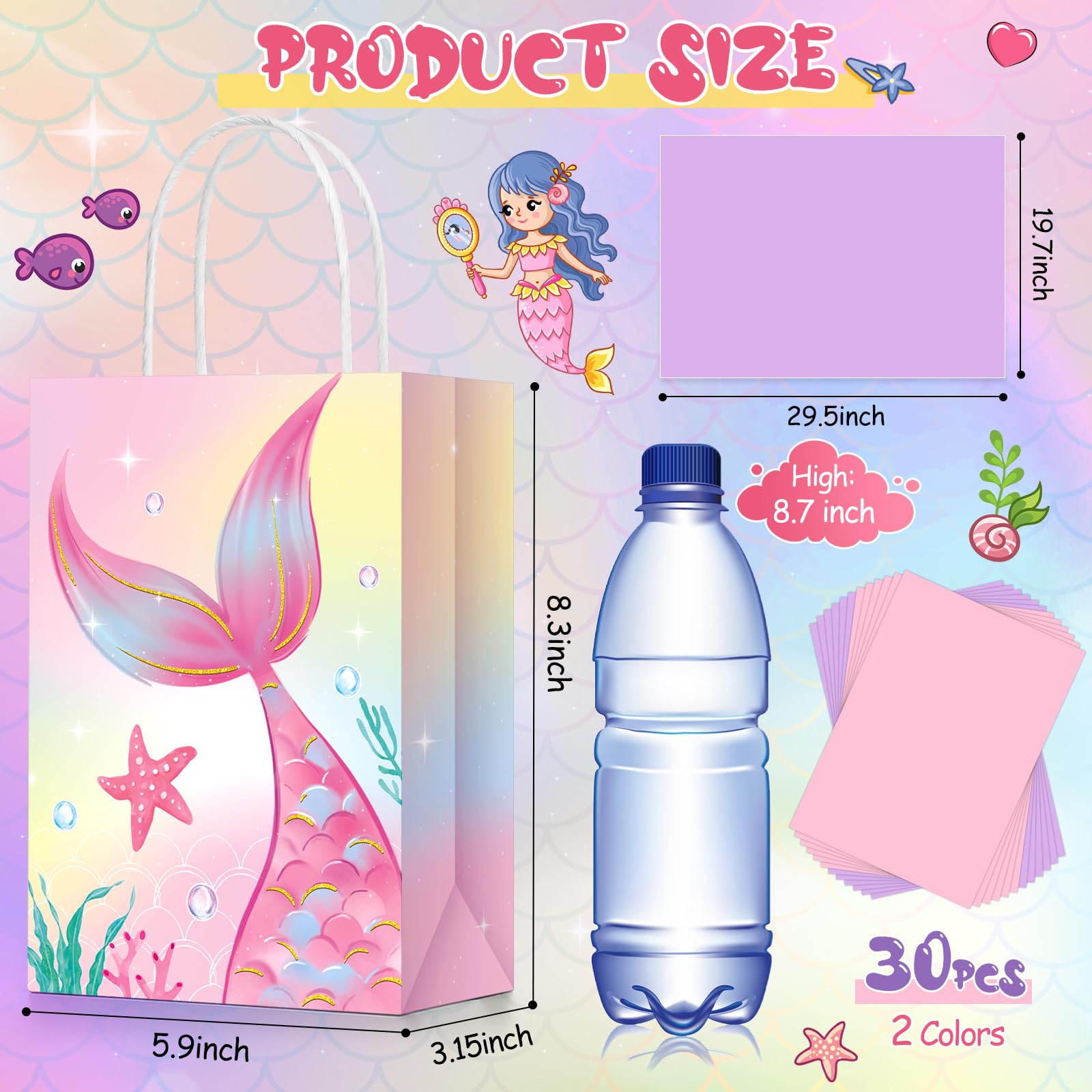 16 Pcs Mermaid Birthday Gift Bags with Tissue Paper - Mermaid Theme Party Favors, Goodie Bags for Candy & Treats - Perfect for Mermaid Themed Birthday Parties, Baby Showers & Ocean Decorations
