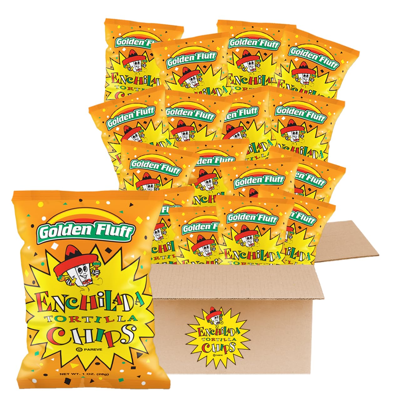 Golden Fluff Spicy Mexican Enchilada Tortilla Chips - 16 Pack (1 oz Each) | Kosher Certified Corn Snacks for Parties, Movie Nights & Lunchboxes | Authentic Mexican Flavored Crunchy Chips