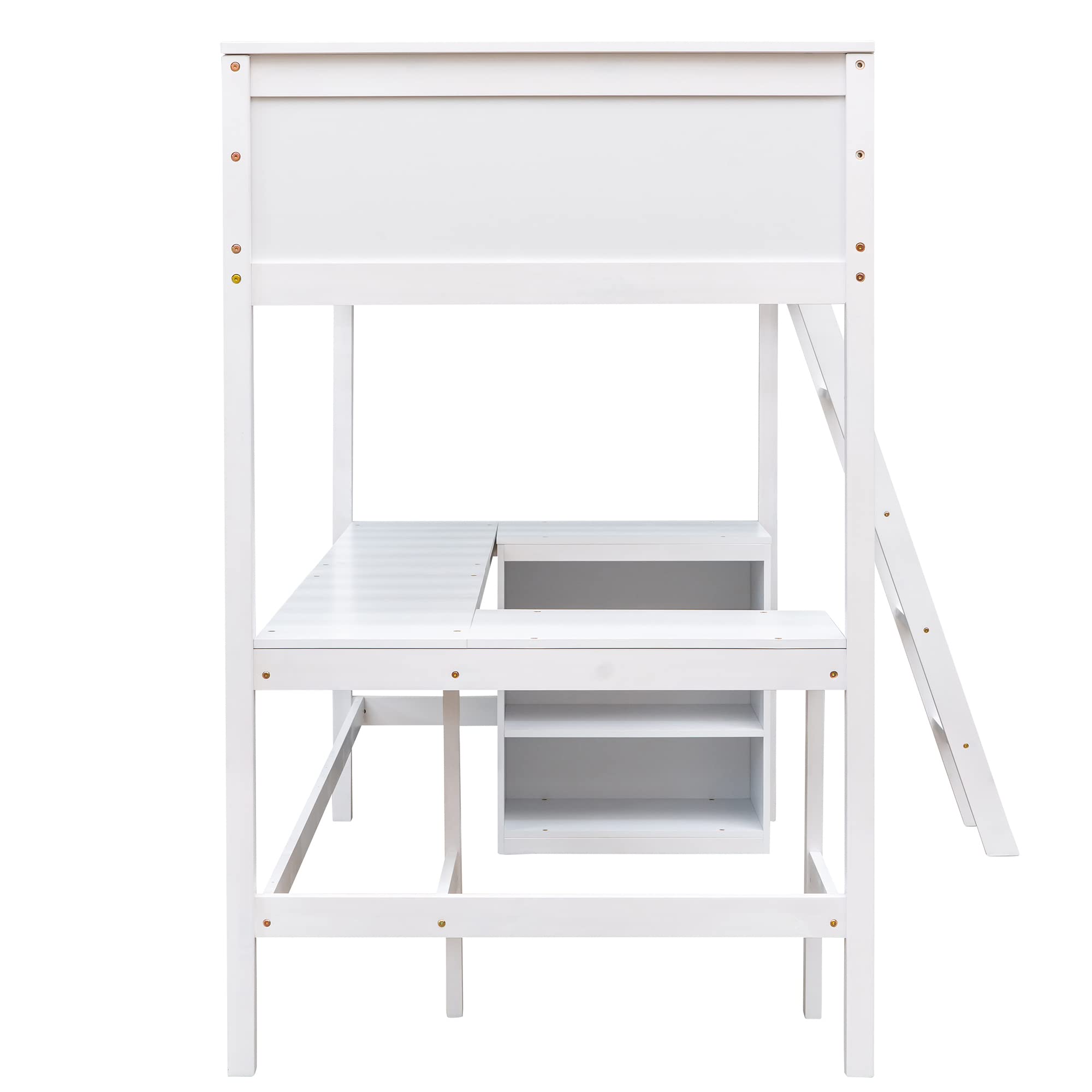P PURLOVE Twin Loft Bed Frame with Shelves & Desk - Sturdy Wood Loft Bed for Teens, Kids & Adults - Space-Saving Design with Angled Ladder - No Box Spring Needed (White) - Perfect for Small Bedrooms, Dorms & Studio Apartments