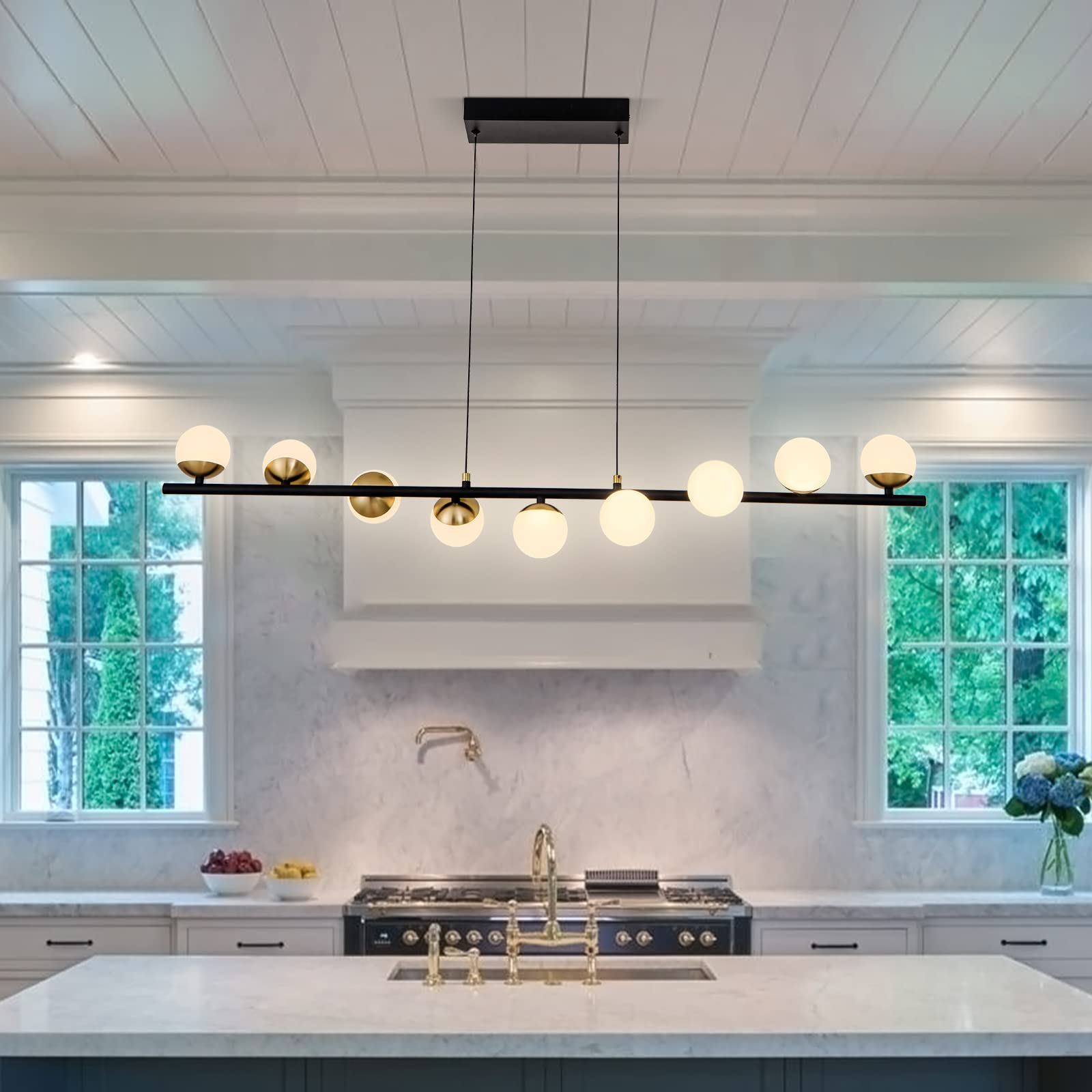 Modern Globe Pendant Lighting - 9-Light LED Dimmable Black & Gold Linear Chandelier for Dining Room, Kitchen, Living Room | Mid-Century Style Hanging Light Fixture | Perfect for Home Decor, Restaurant Lighting, and Office Spaces