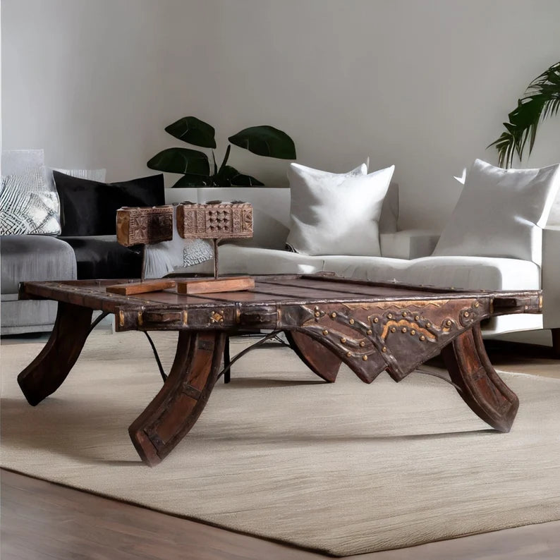 Hand Carved Solid Wood Camel Cart Coffee Table - Unique Boho Furniture for Living Room, Home Decor & Rustic Interior Design