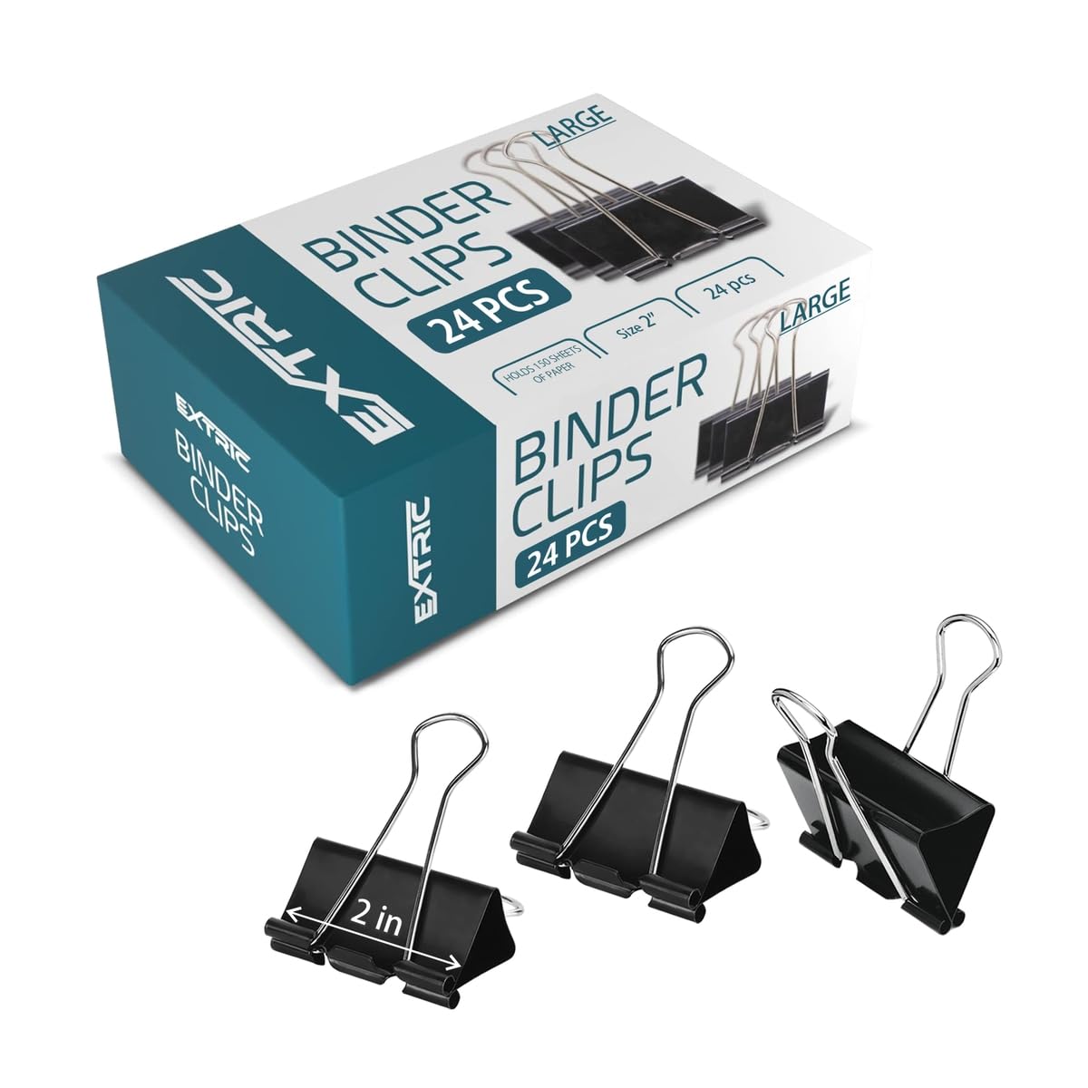 Large Black Binder Clips 24 Pack - 2 Inch Paper Clamps for Office, School & Home Use