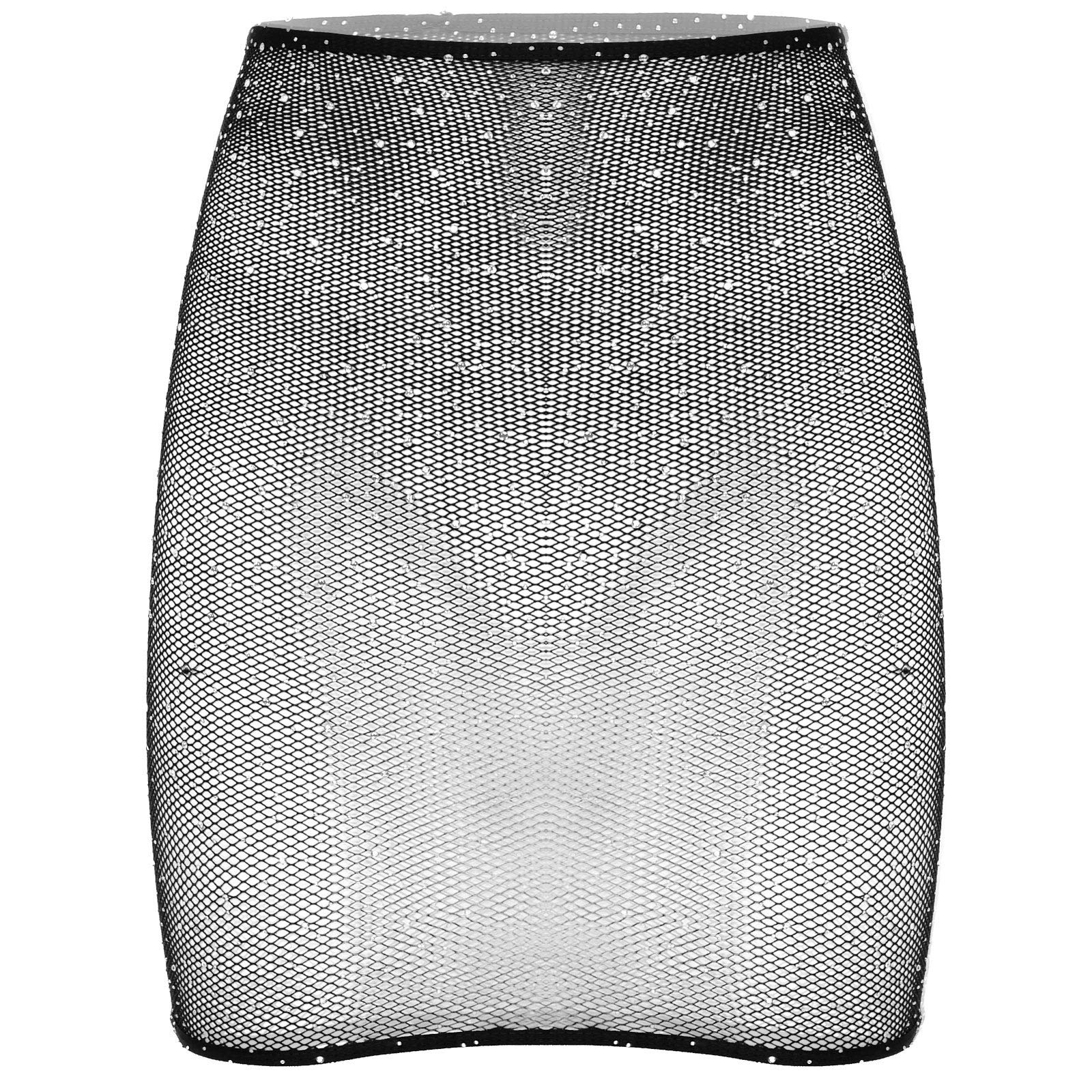 Alvivi Women's Shiny Rhinestone Bodycon Mini Skirt - Sheer Mesh Fishnet Pencil Skirt for Party, Clubwear & Lingerie | Sexy Night Out & Special Occasion Outfit