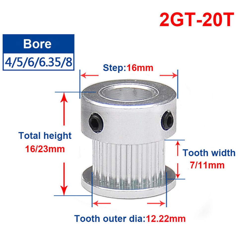 2GT-20T Timing Belt Pulley 6.35mm Bore for 6mm Width Belt - Compatible with 3D Printers, CNC Machines, and RepRap Projects | High Precision Power Transmission Component for DIY Robotics and Automation Systems